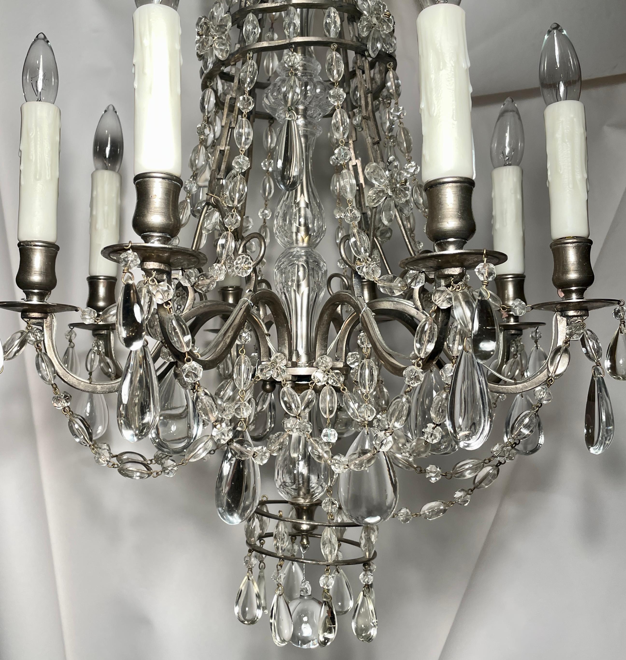Antique French Belle Époque Silver on Bronze Fine Crystal 8-Light Chandelier In Good Condition For Sale In New Orleans, LA