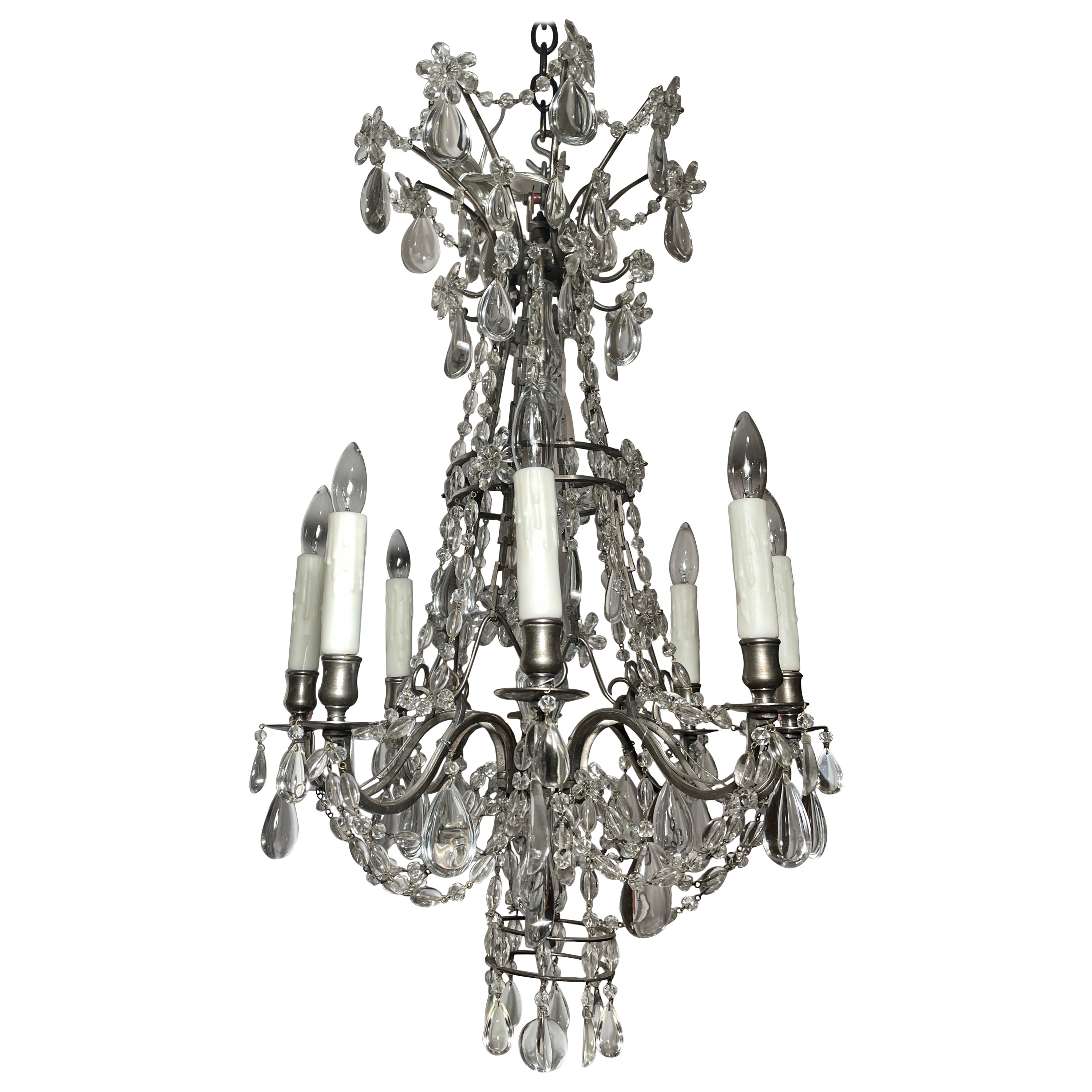 Antique French Belle Époque Silver on Bronze Fine Crystal 8-Light Chandelier
