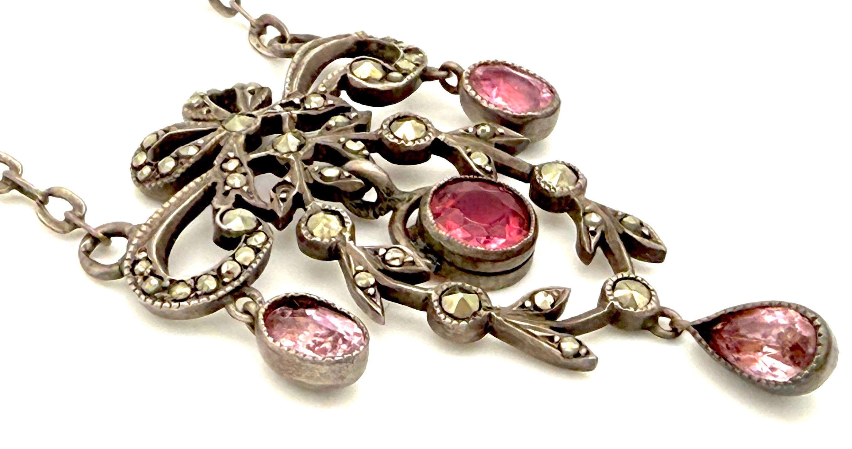 Antique French Belle Époque Silver Pendant Necklace Markasites Coloured Paste In Good Condition For Sale In Munich, Bavaria