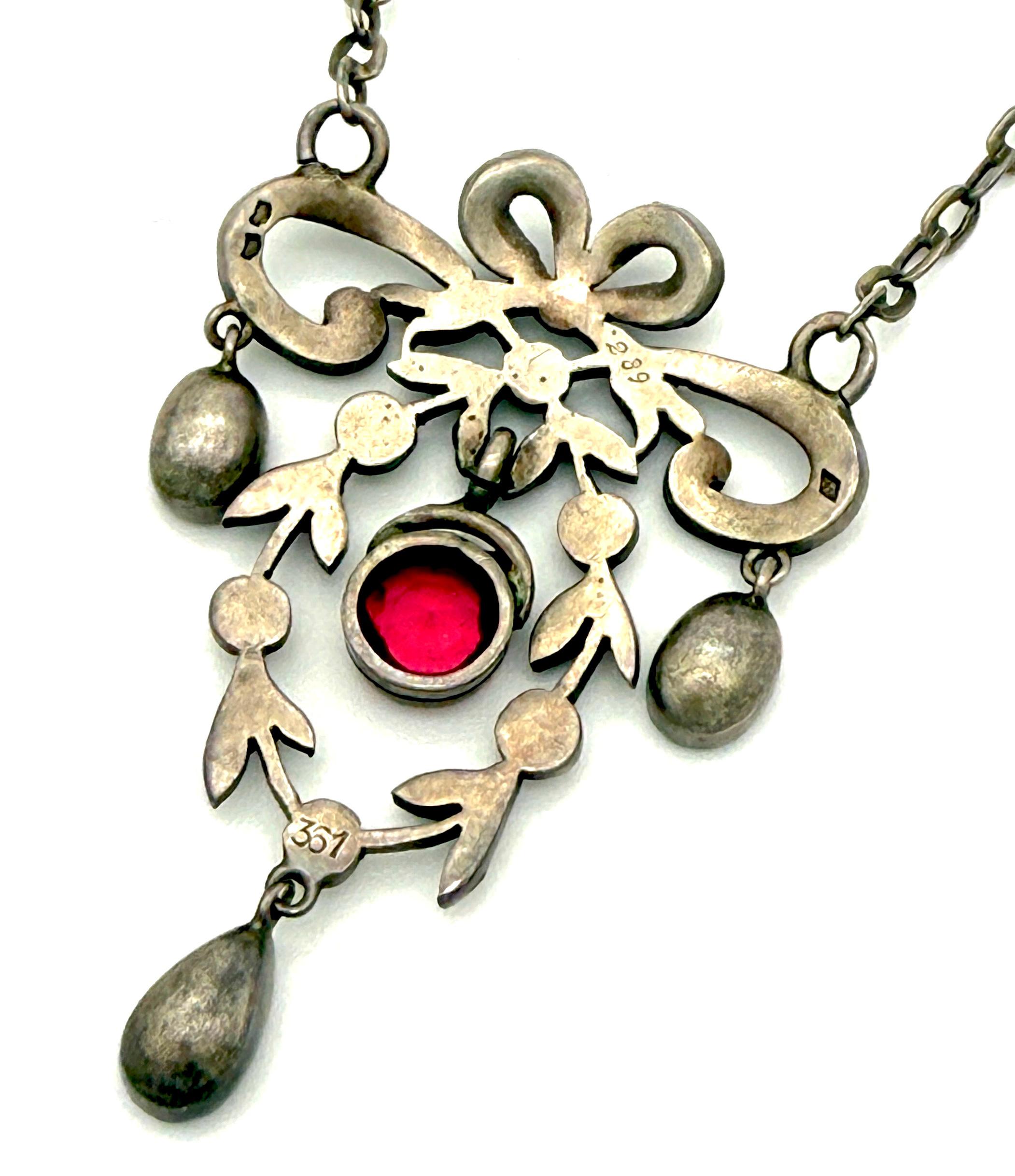 Women's Antique French Belle Époque Silver Pendant Necklace Markasites Coloured Paste For Sale