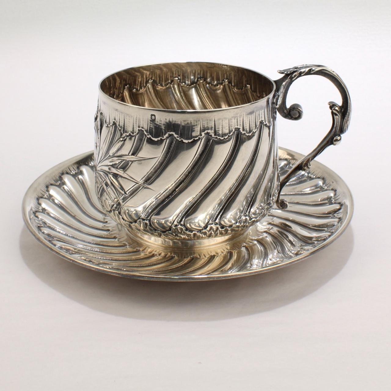 Antique French Belle Époque Sterling Silver Cup and Saucer Set by Pierre Gavard In Good Condition For Sale In Philadelphia, PA