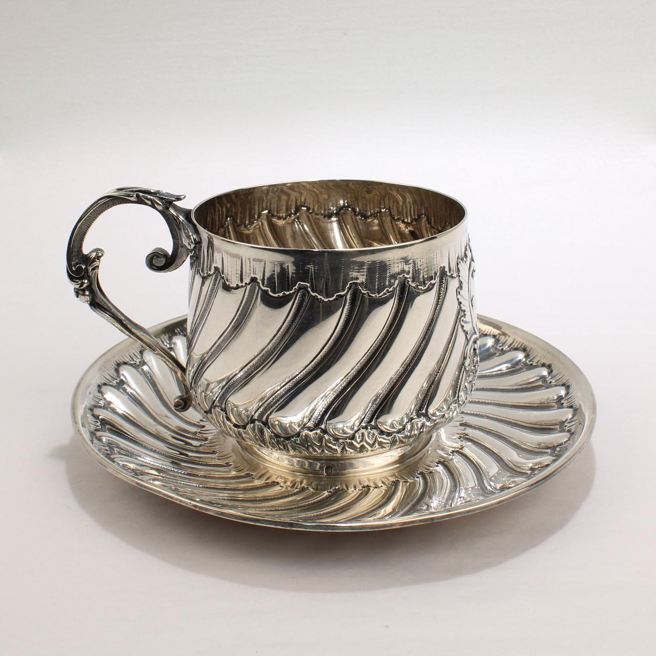 Antique French Belle Époque Sterling Silver Cup and Saucer Set by Pierre Gavard For Sale 1