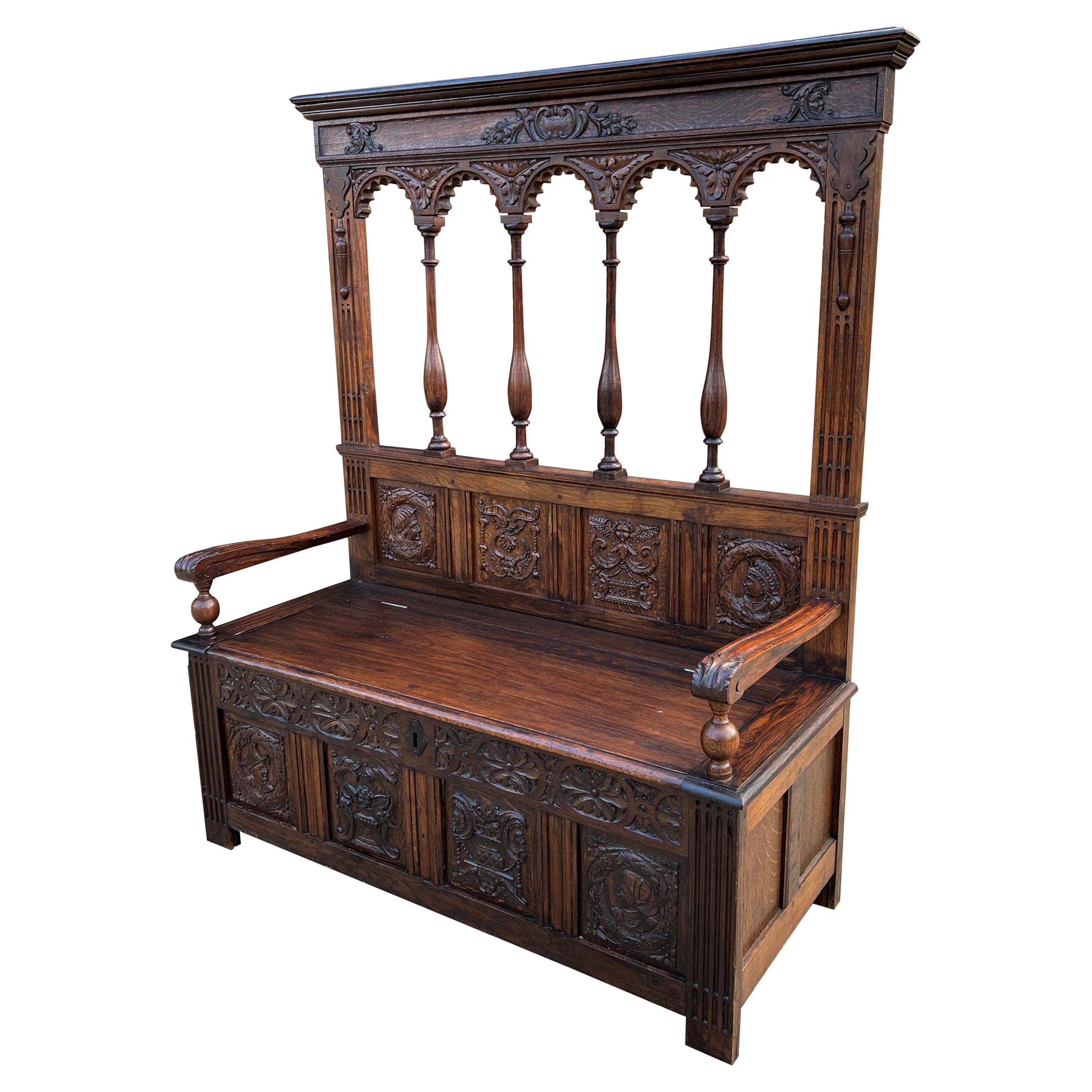 Antique French Bench Chair Settee Hall Bench Banquette Renaissance Revival Oak