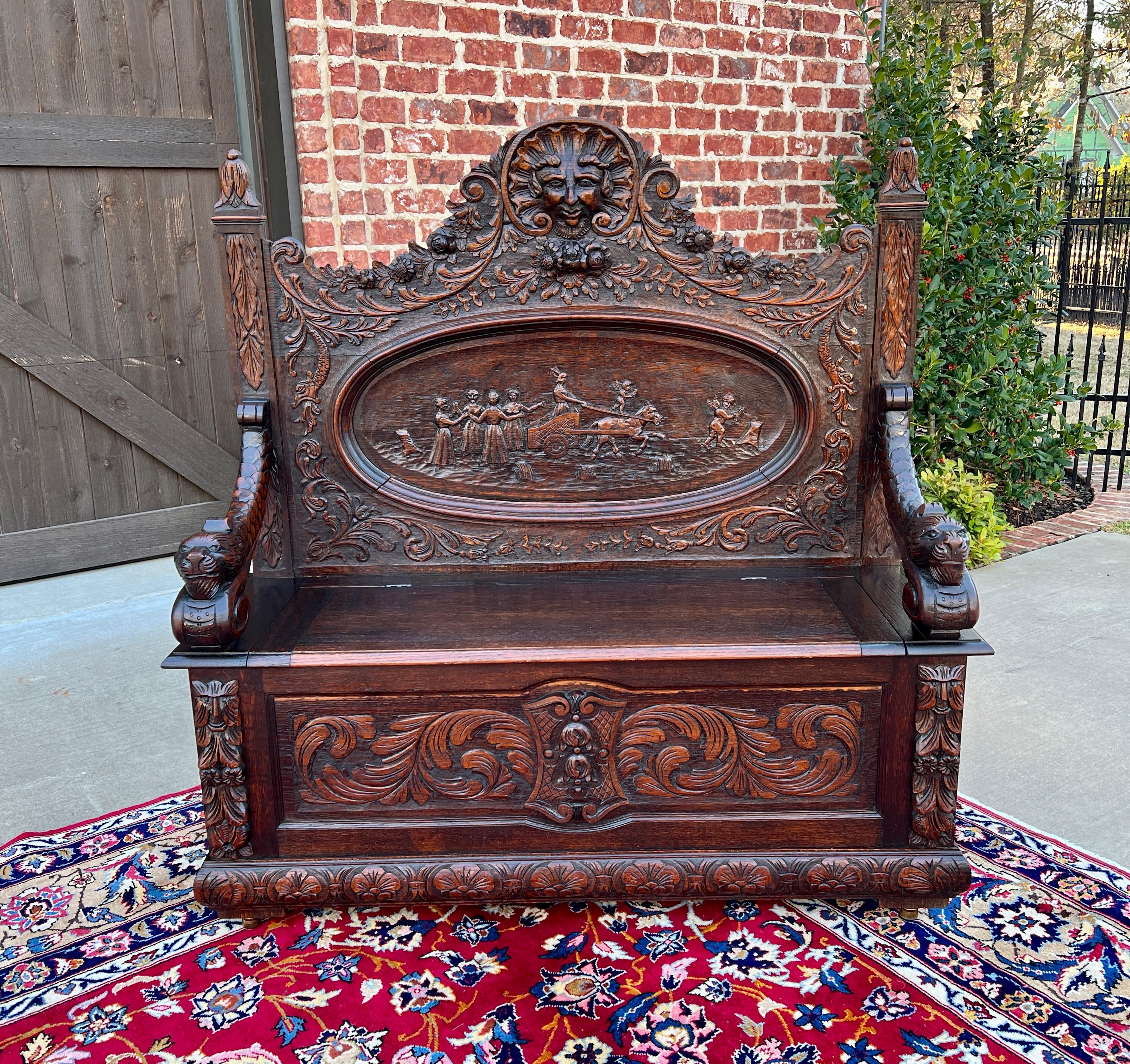 Oak Antique French Bench Chair Settee Hall Bench Renaissance Revival Chariot Race