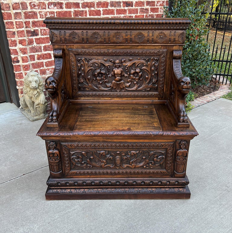 Antique French Bench Chair Settee Hall Bench Renaissance Revival Walnut Petite For Sale at 1stDibs