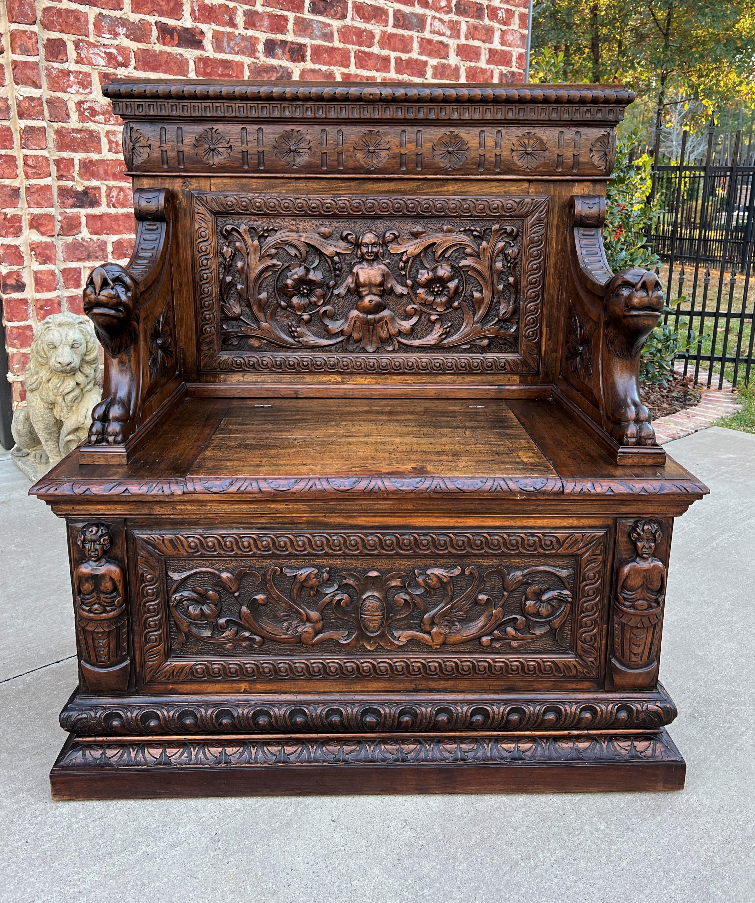 Carved Antique French Bench Chair Settee Hall Bench Renaissance Revival Walnut Petite