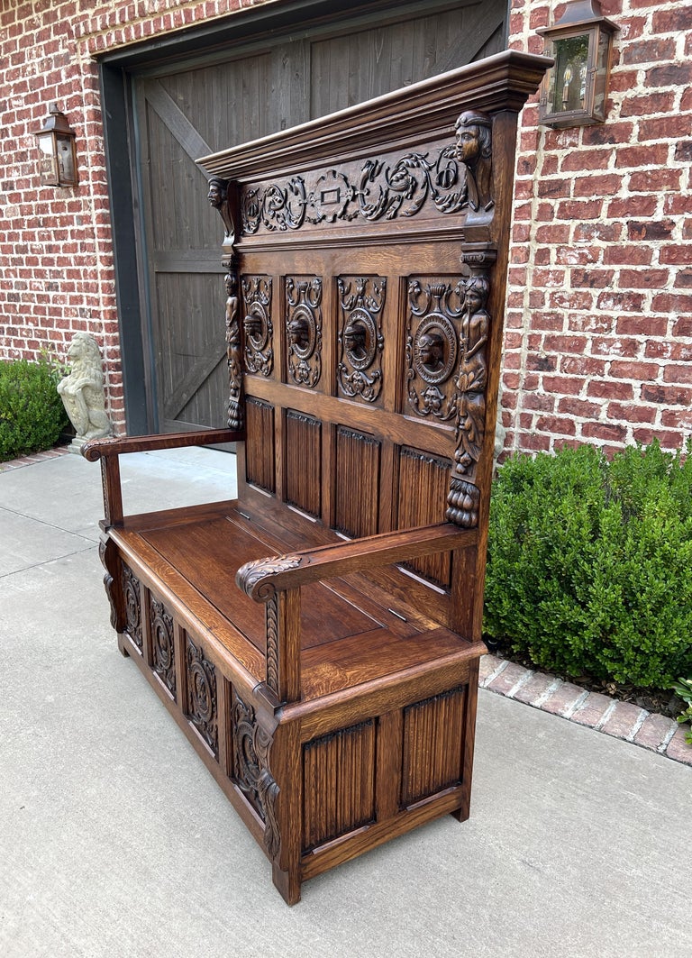 Antique French Bench Chair Settee Hall Bench Trunk Renaissance Revival Oak 19thC For Sale at 1stDibs