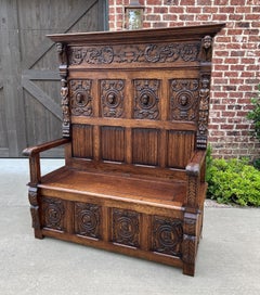 Antique French Bench Chair Settee Hall Bench Trunk Renaissance Revival Oak 19thC