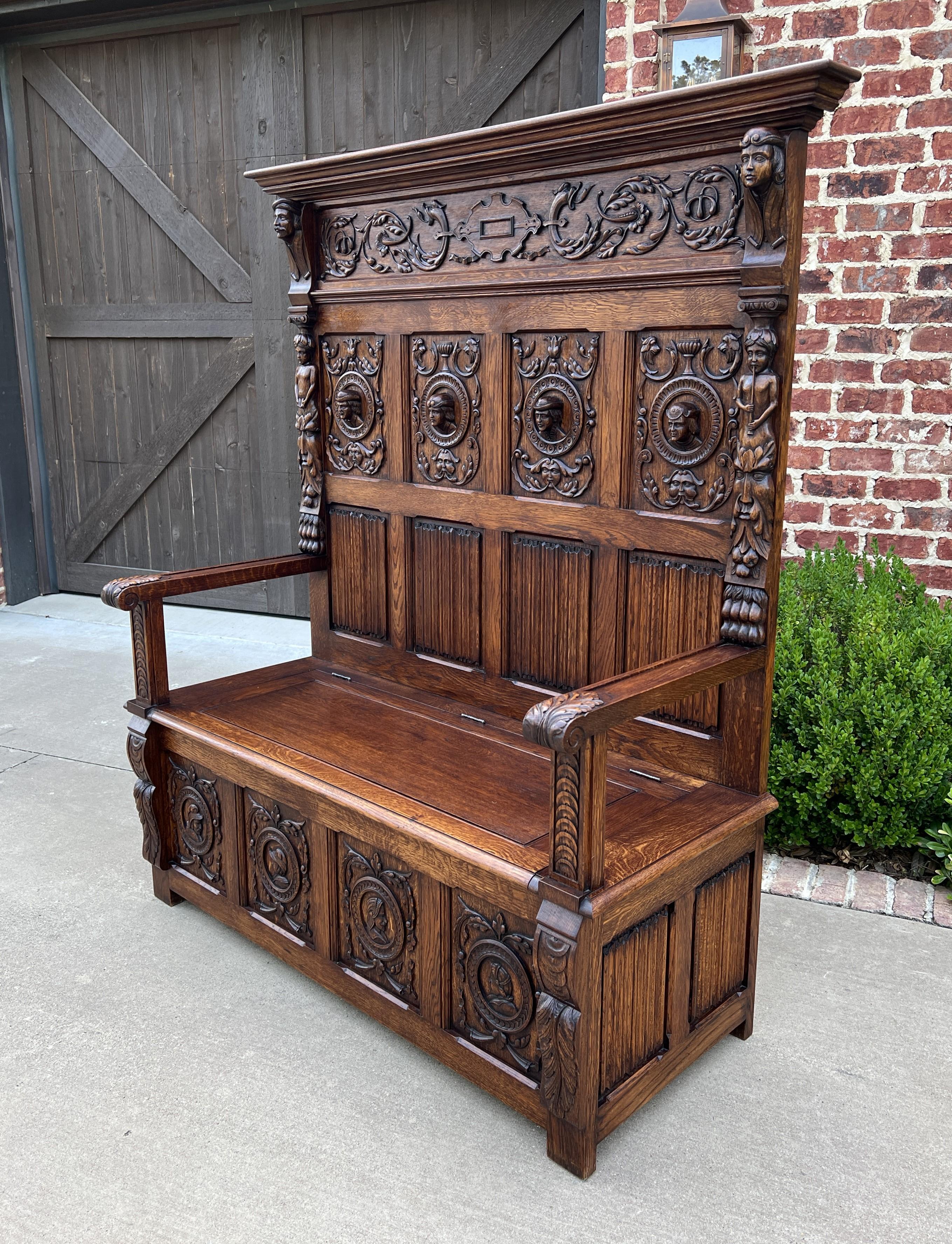 Carved Antique French Bench Chair Settee Hall Bench Trunk Renaissance Revival Oak 19thC