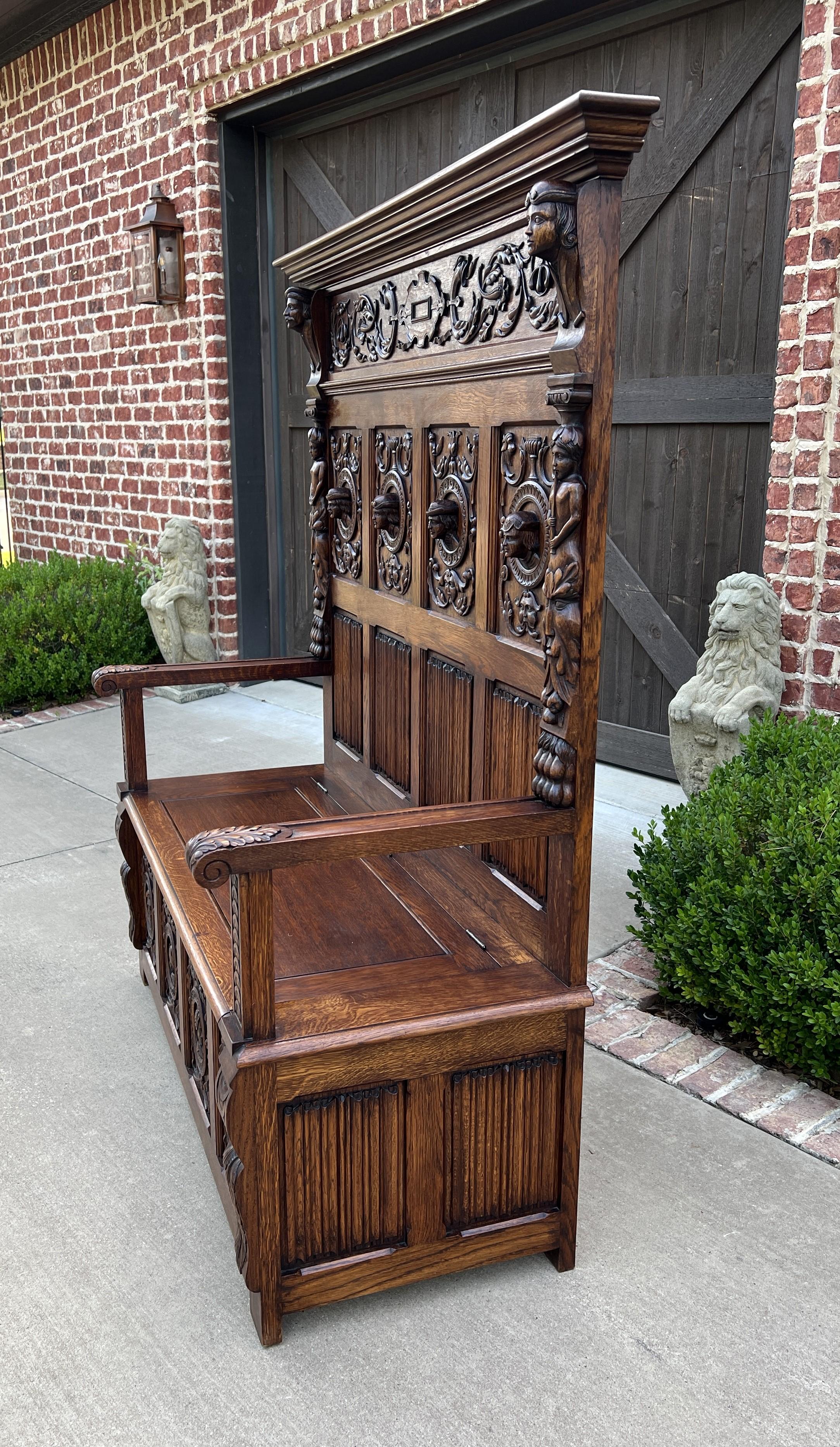 Antique French Bench Chair Settee Hall Bench Trunk Renaissance Revival Oak 19thC In Good Condition In Tyler, TX