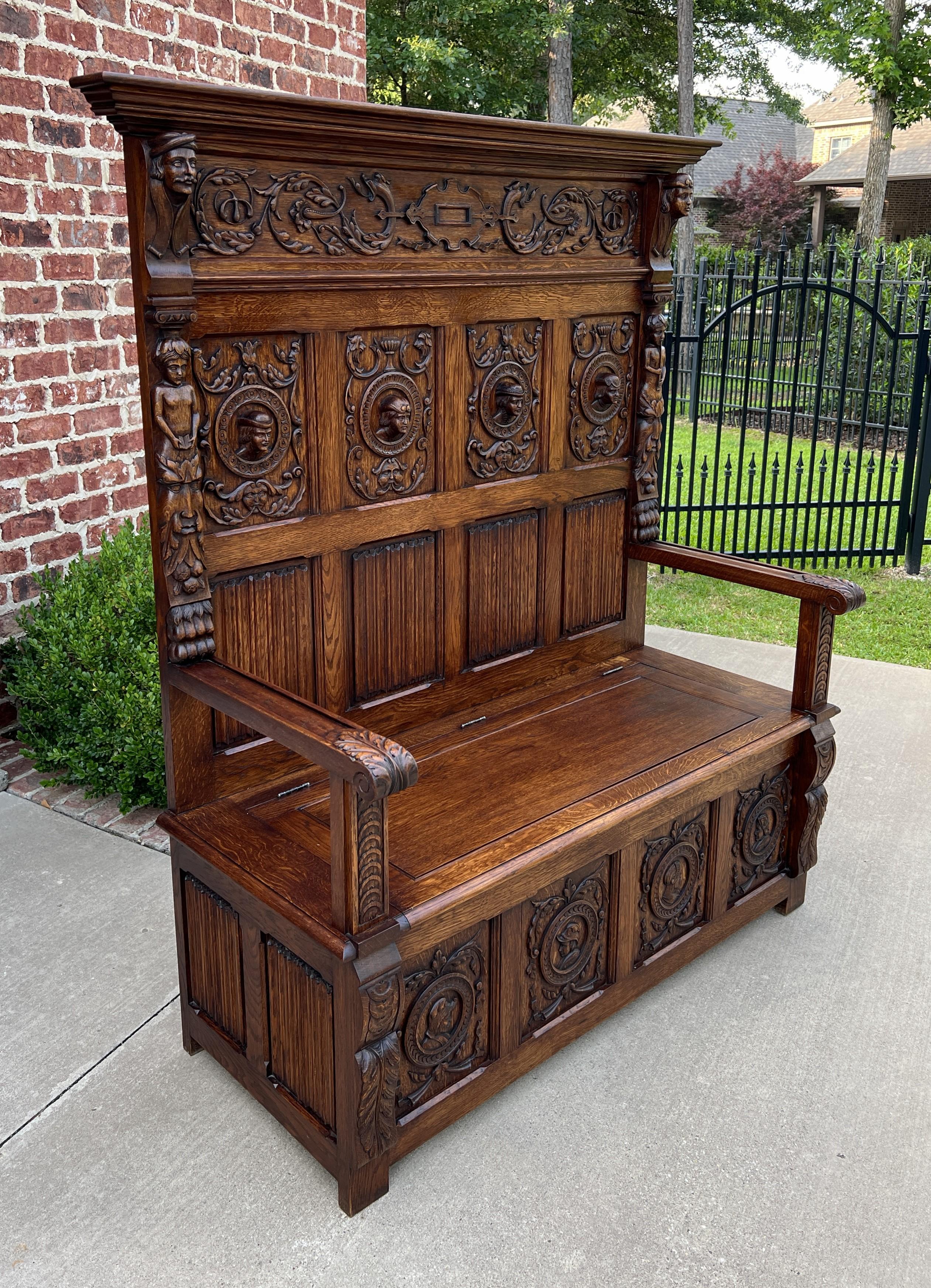 Antique French Bench Chair Settee Hall Bench Trunk Renaissance Revival Oak 19thC 2