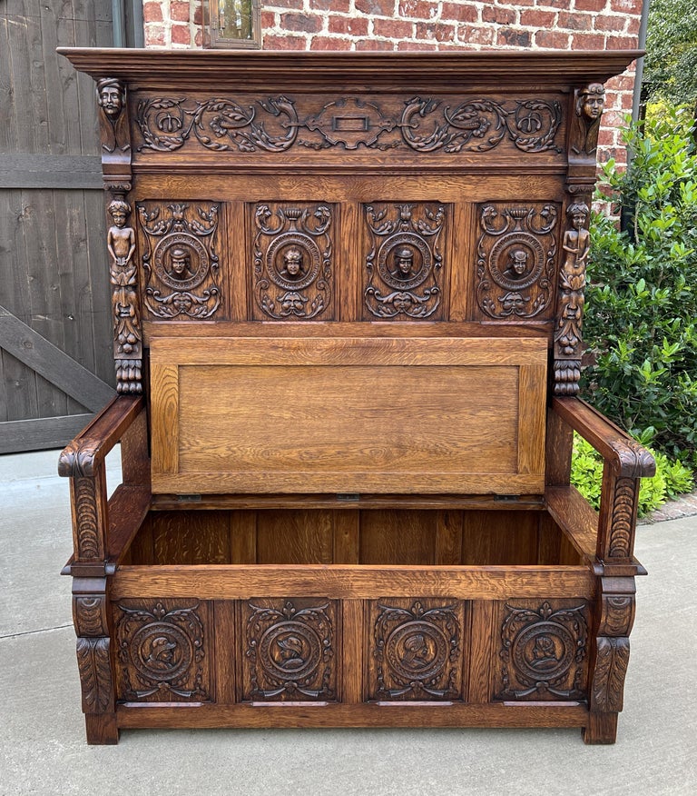 Antique French Bench Chair Settee Hall Bench Trunk Renaissance Revival Oak 19thC For Sale at 1stDibs