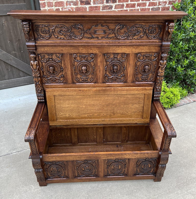 Antique French Bench Chair Settee Hall Bench Trunk Renaissance Revival Oak 19thC For Sale at 1stDibs