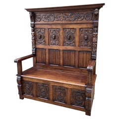 Antique French Bench Chair Settee Hall Bench Trunk Renaissance Revival Oak 19thC