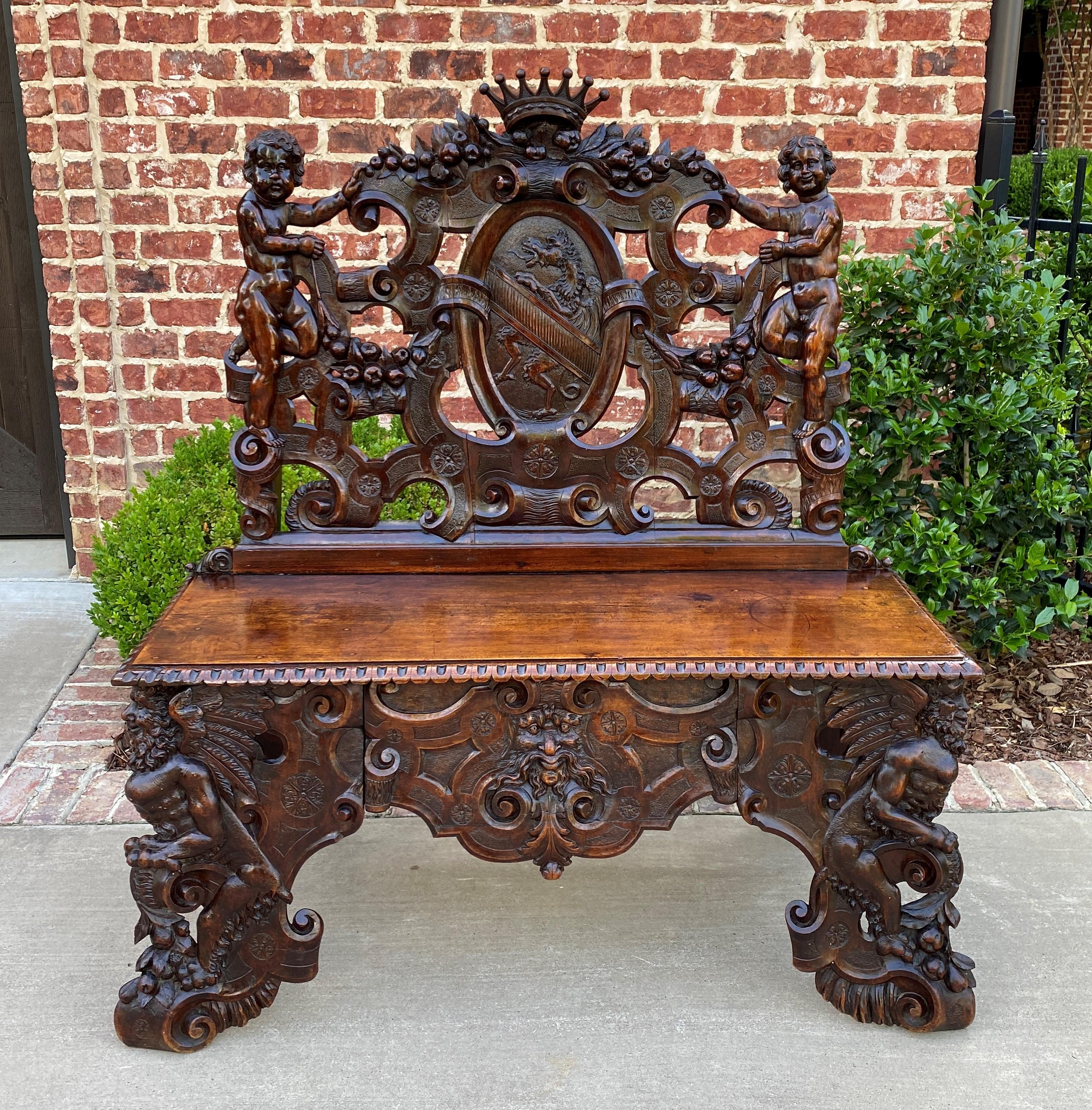 Antique French Bench Chair Settee Renaissance Revival Griffon Cherubs Walnut 19C For Sale 8