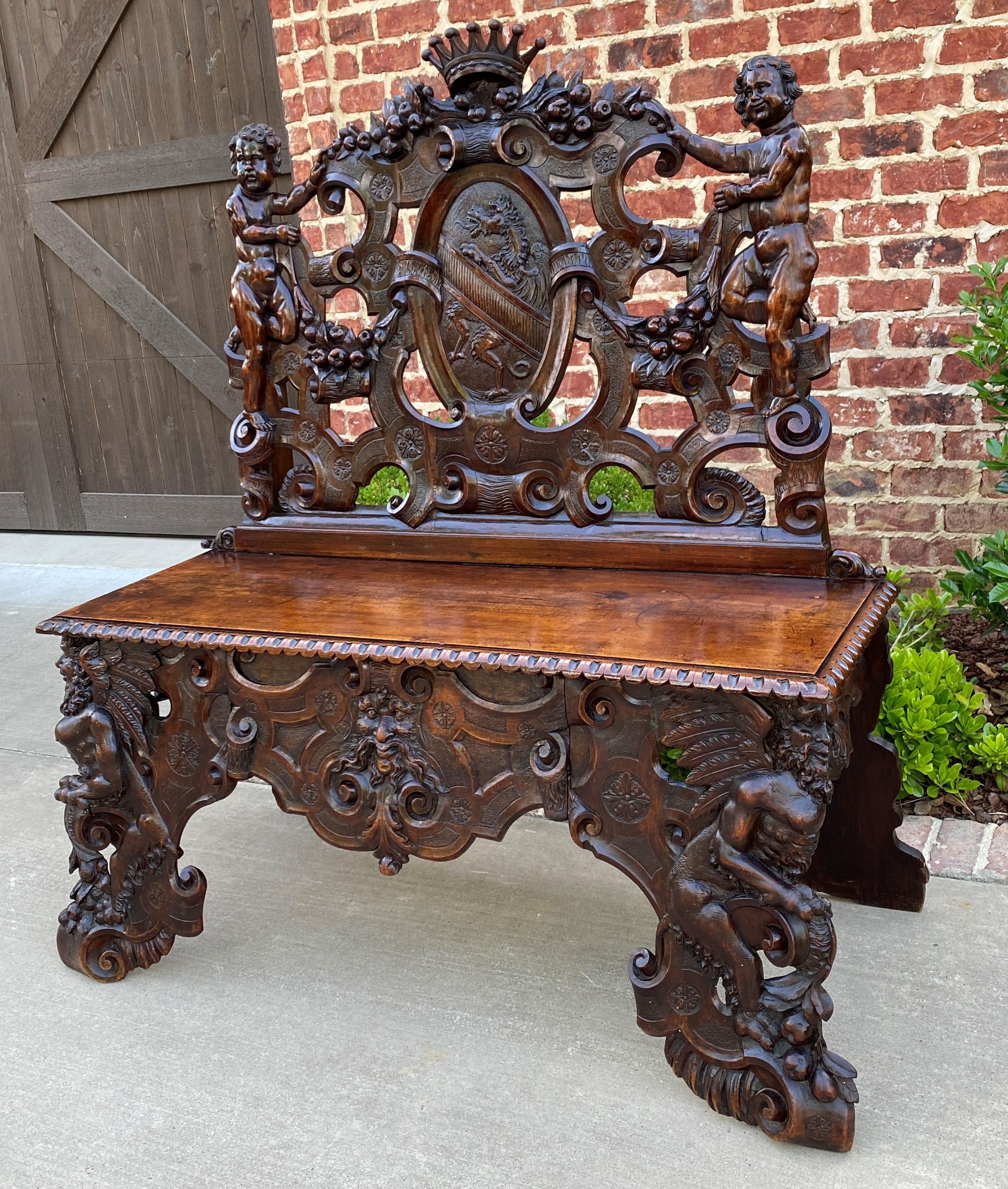 Carved Antique French Bench Chair Settee Renaissance Revival Griffon Cherubs Walnut 19C For Sale