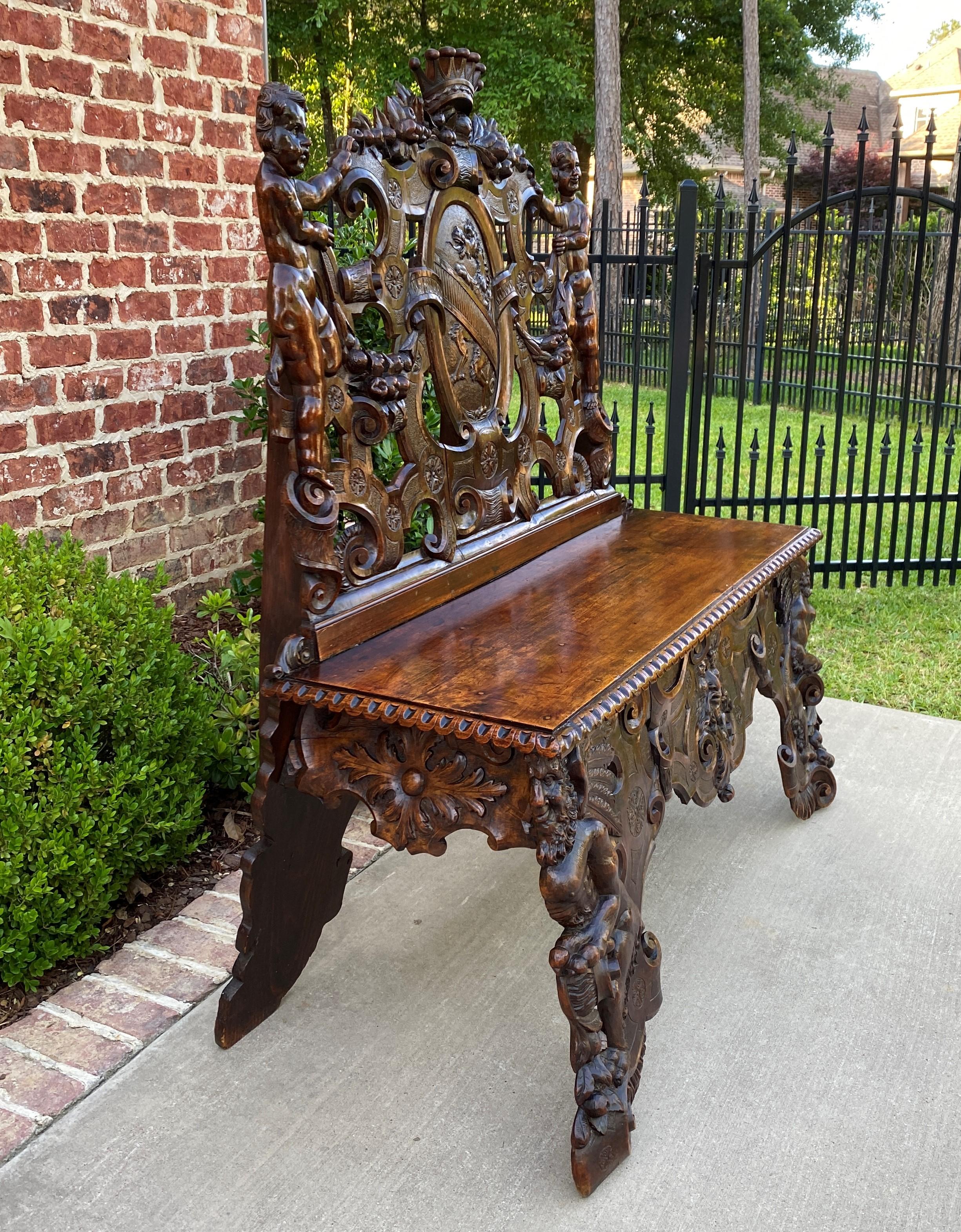 Antique French Bench Chair Settee Renaissance Revival Griffon Cherubs Walnut 19C In Good Condition For Sale In Tyler, TX
