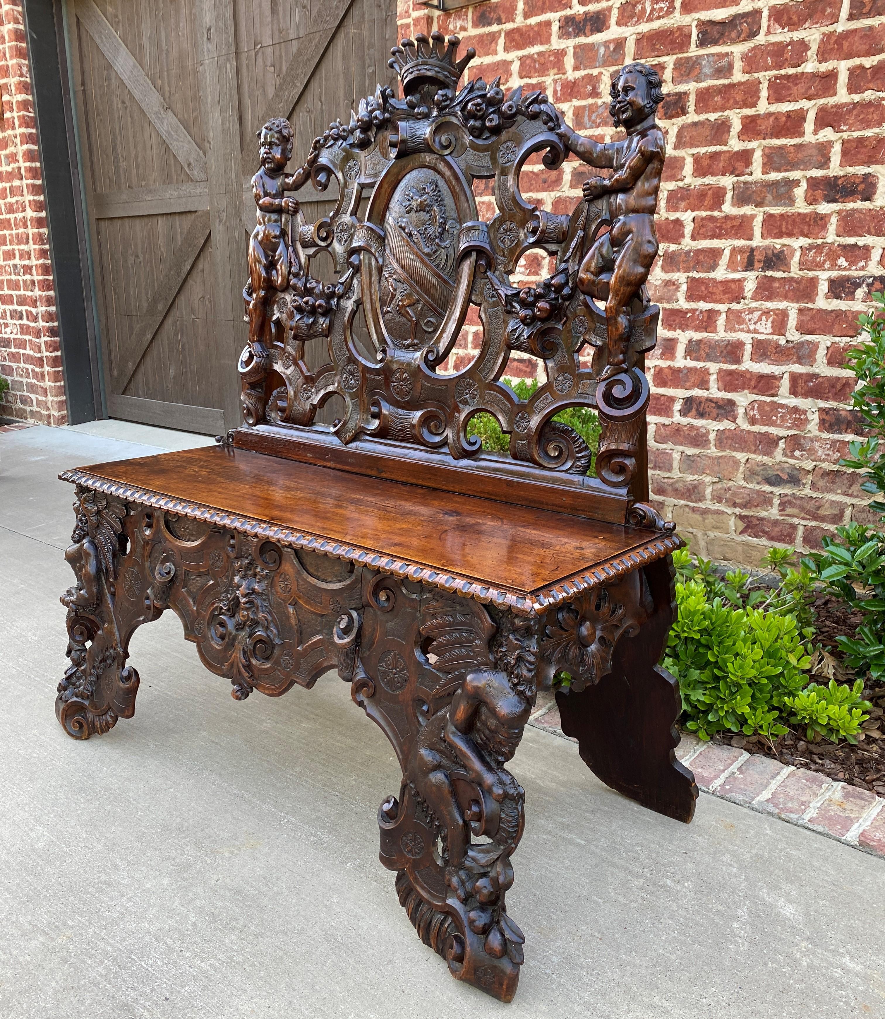 Antique French Bench Chair Settee Renaissance Revival Griffon Cherubs Walnut 19C For Sale 1
