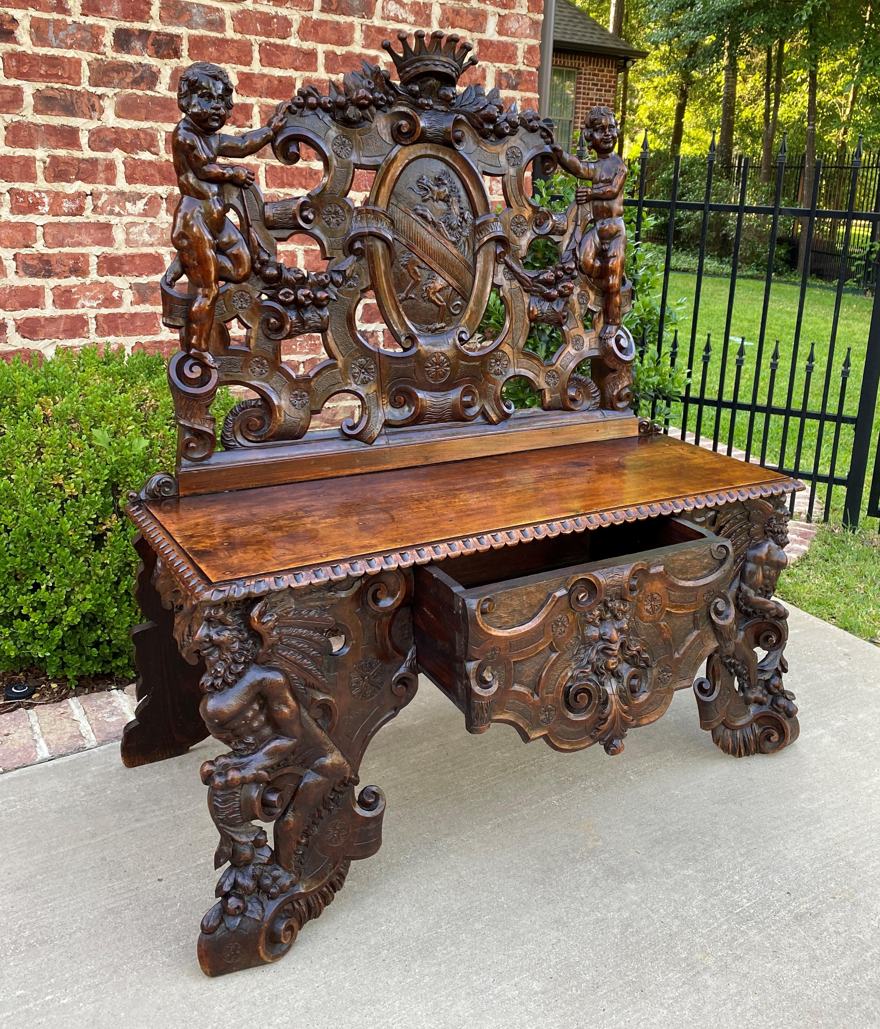 Antique French Bench Chair Settee Renaissance Revival Griffon Cherubs Walnut 19C For Sale 3