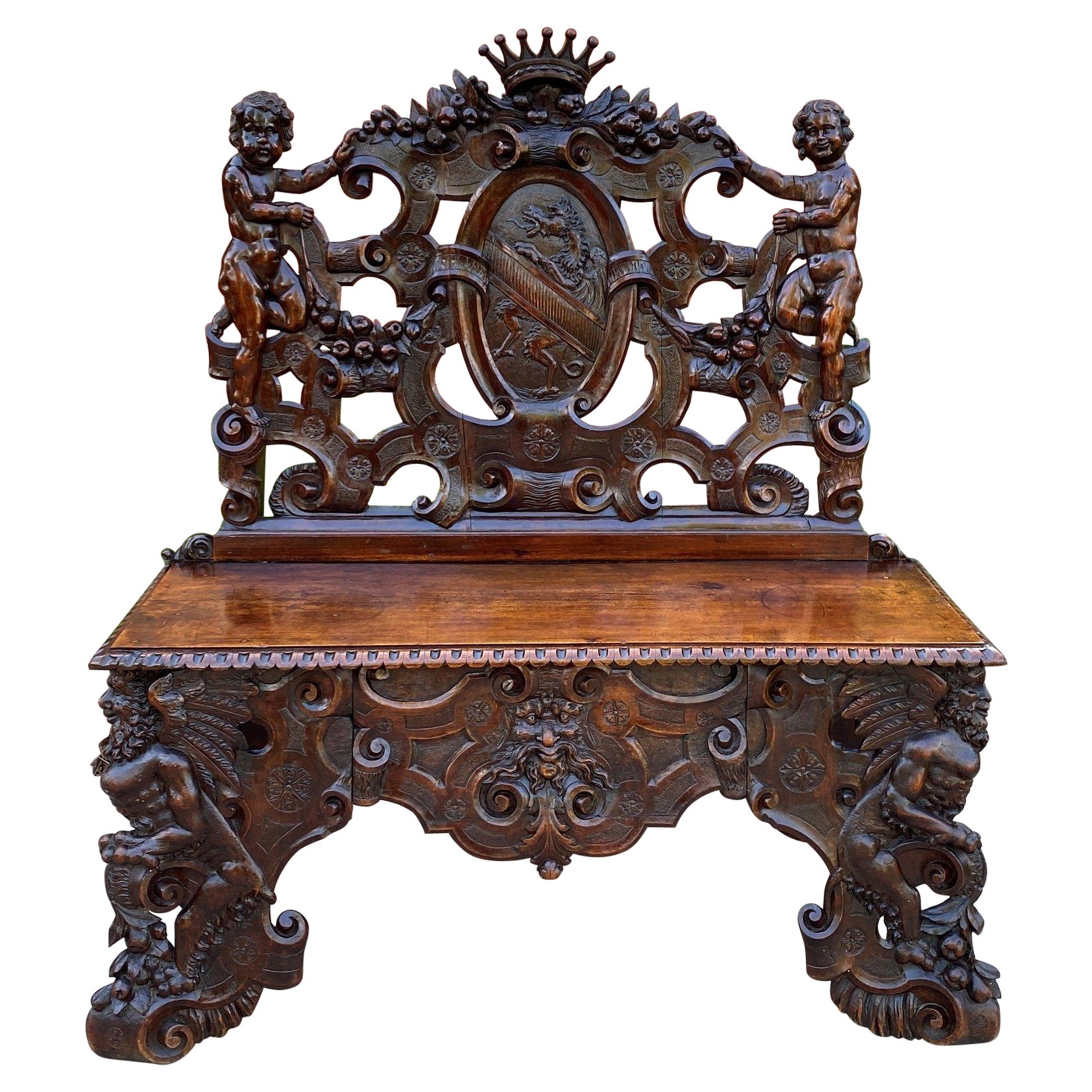 Antique French Bench Chair Settee Renaissance Revival Griffon Cherubs Walnut 19C