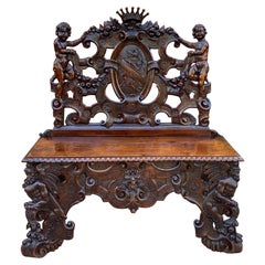 Antique French Bench Chair Settee Renaissance Revival Griffon Cherubs Walnut 19C