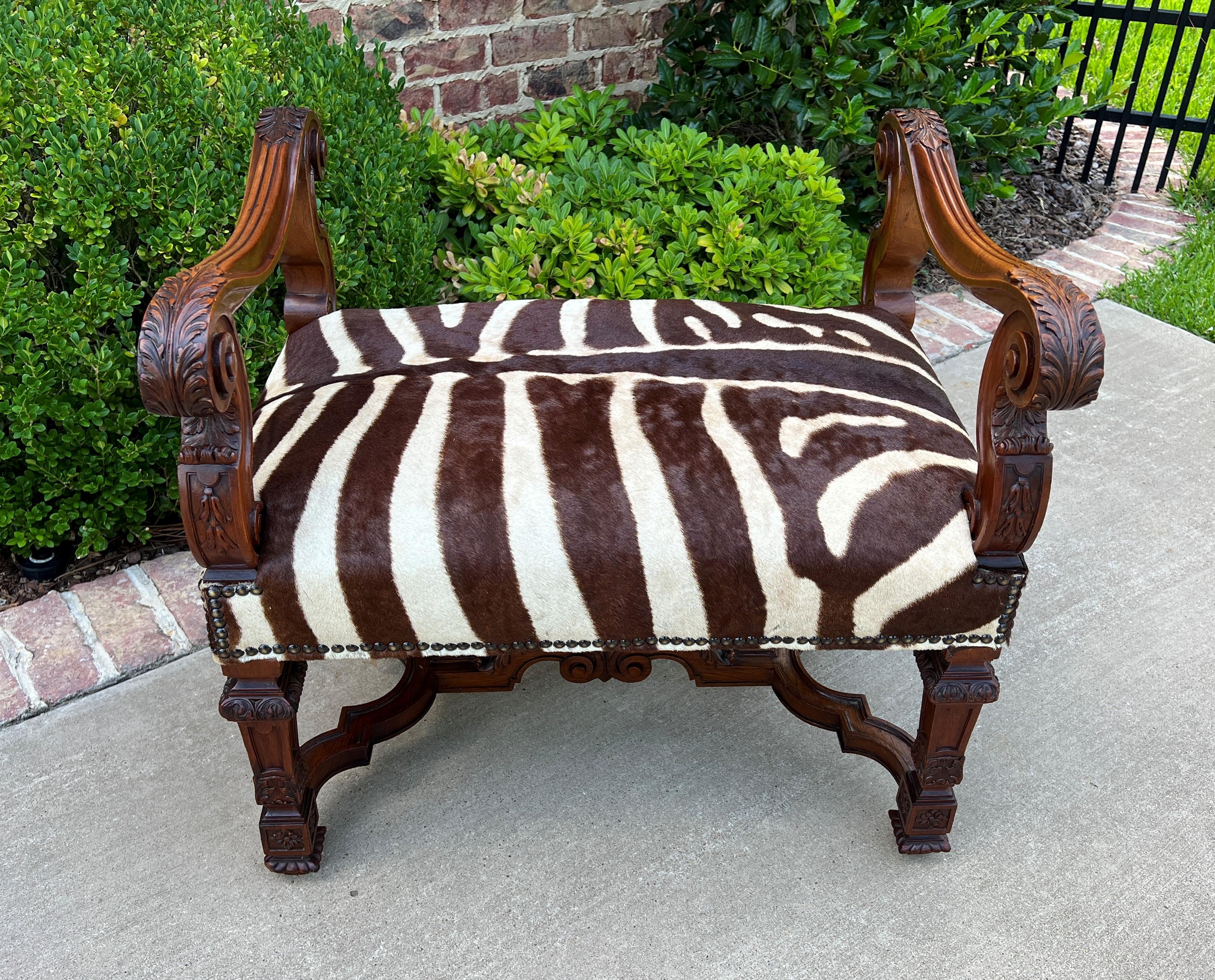 Antique French Bench Chair Settee Renaissance Revival Zebra Hide Walnut 19th C 5