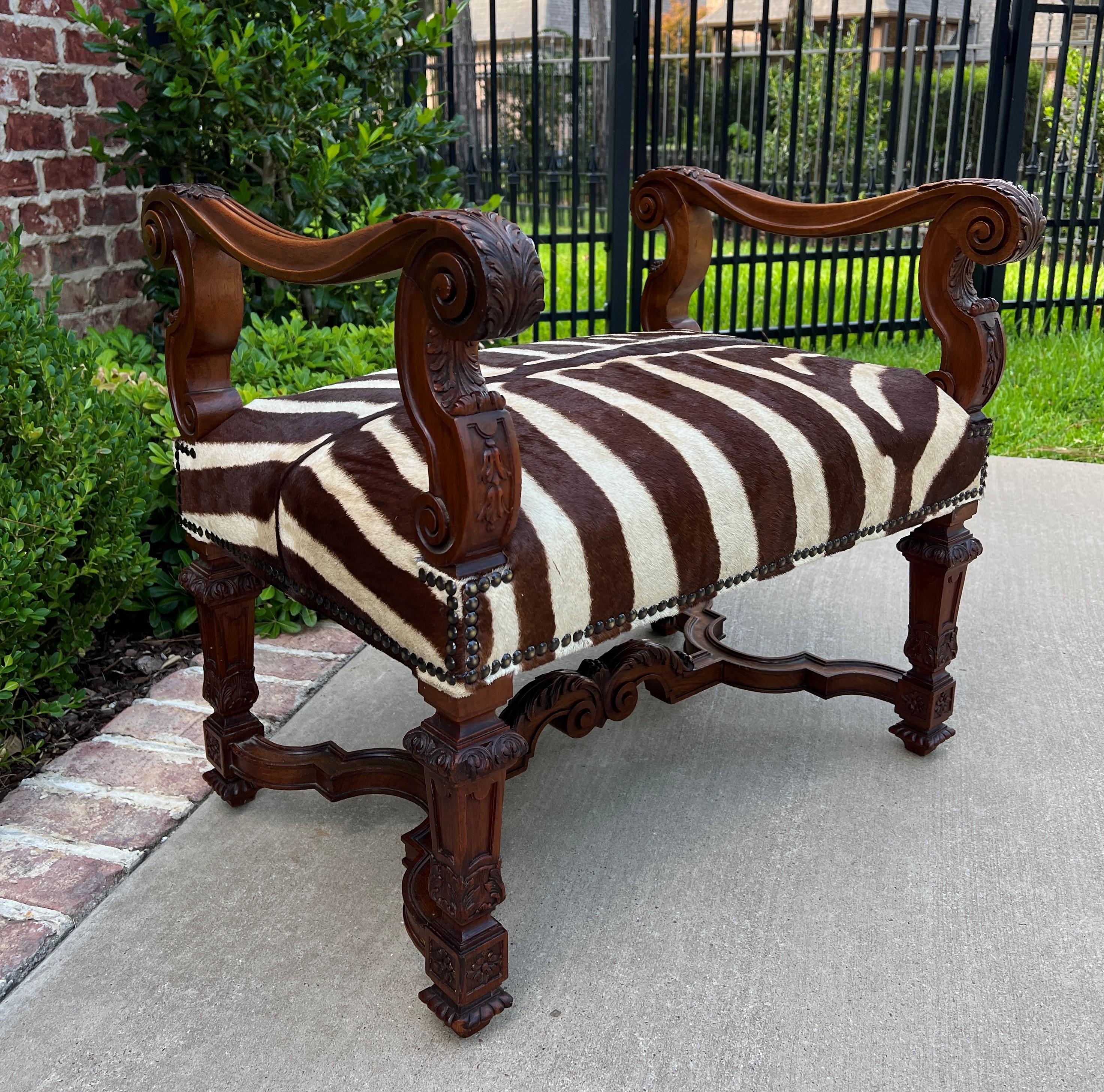 Antique French Bench Chair Settee Renaissance Revival Zebra Hide Walnut 19th C 6