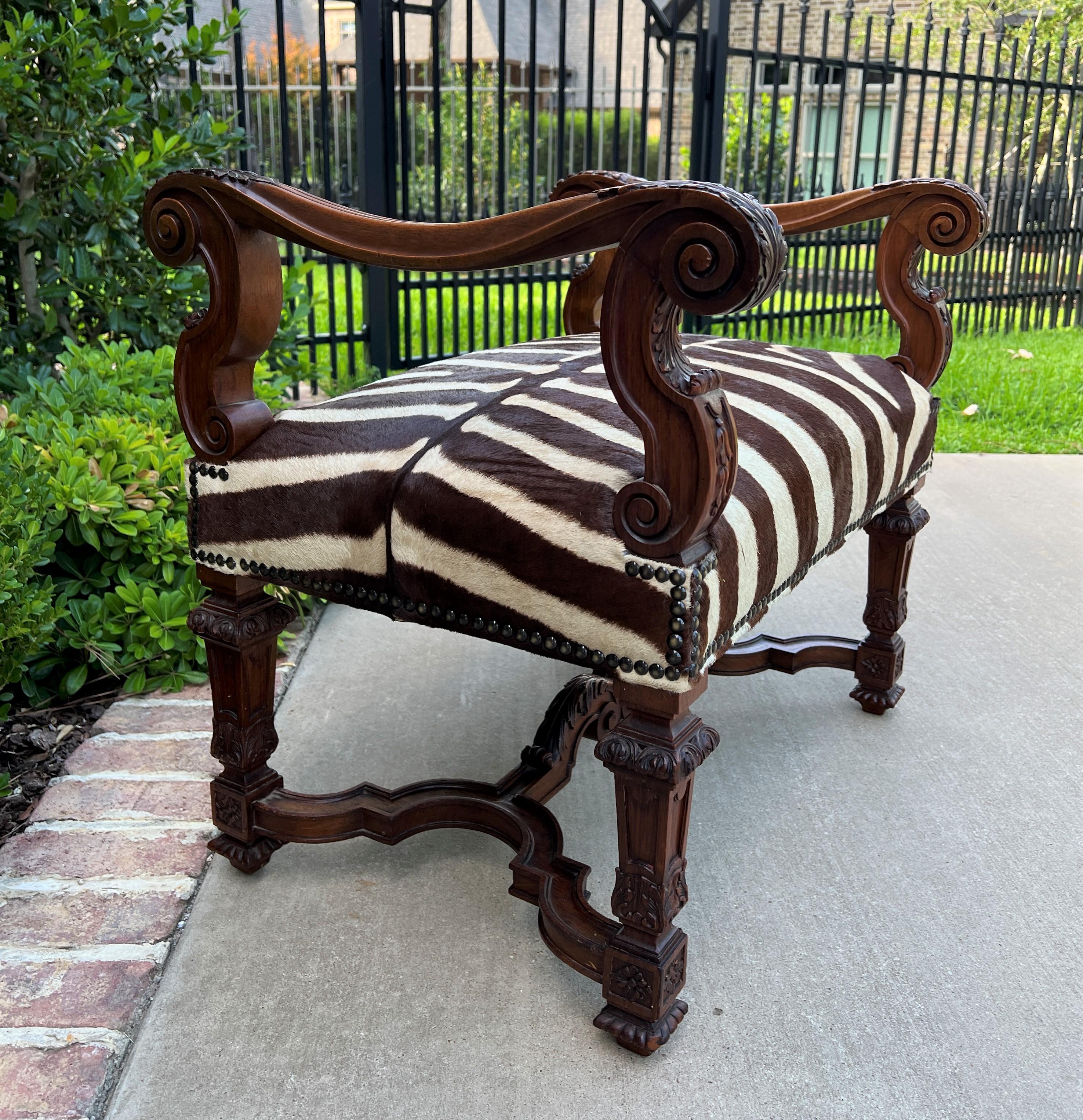 Antique French Bench Chair Settee Renaissance Revival Zebra Hide Walnut 19th C 7