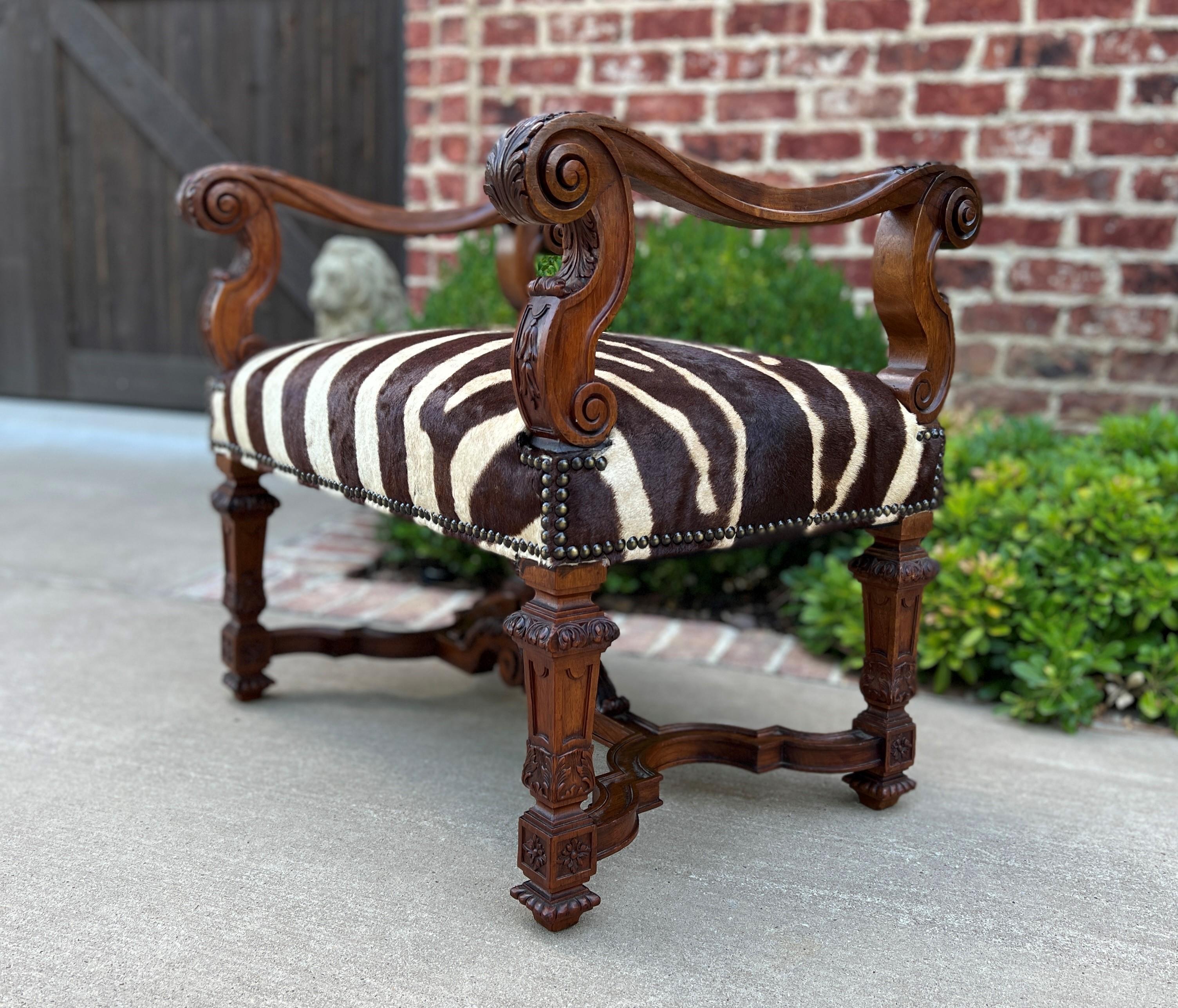 Antique French Bench Chair Settee Renaissance Revival Zebra Hide Walnut 19th C 8