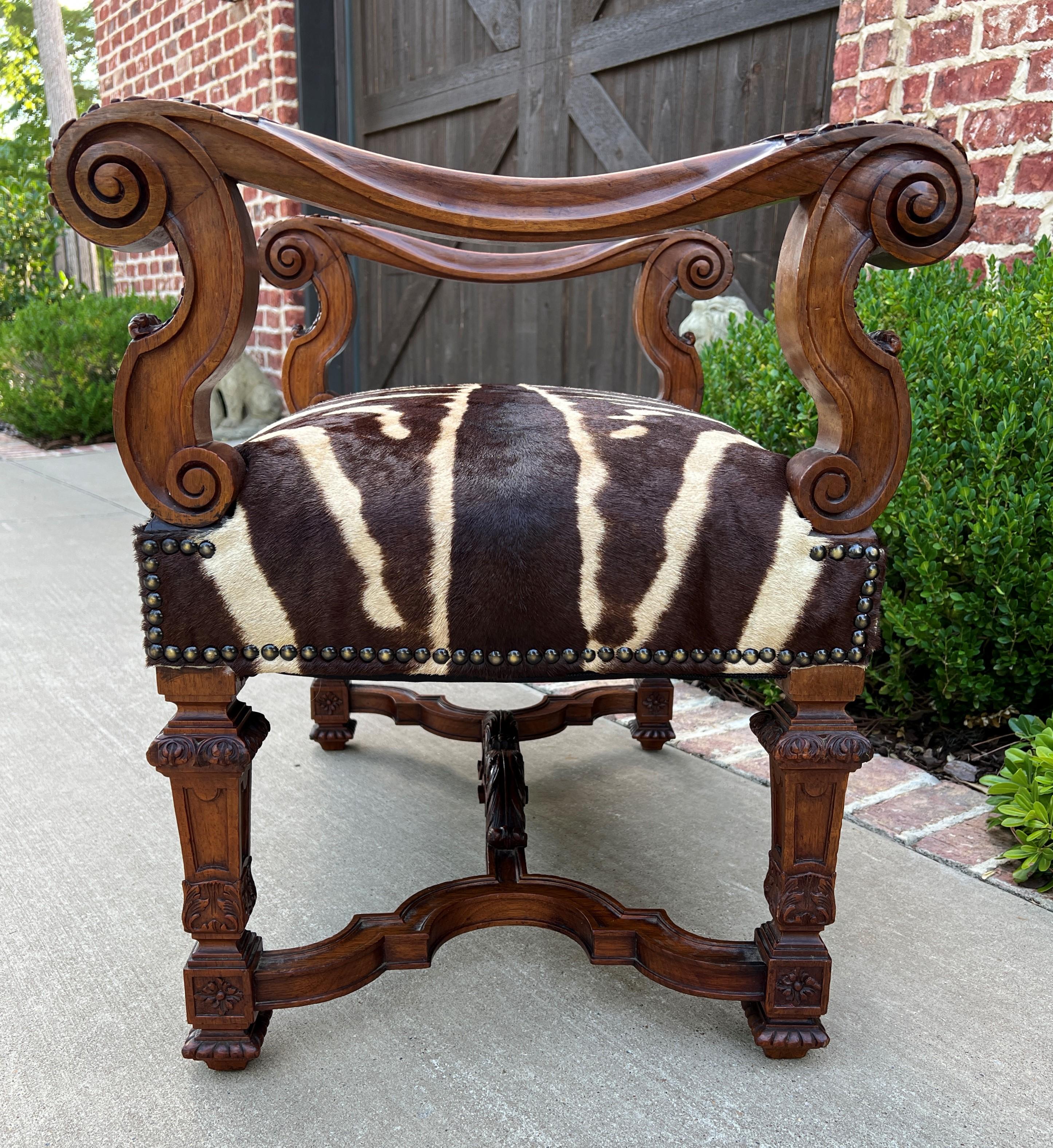 Antique French Bench Chair Settee Renaissance Revival Zebra Hide Walnut 19th C 9
