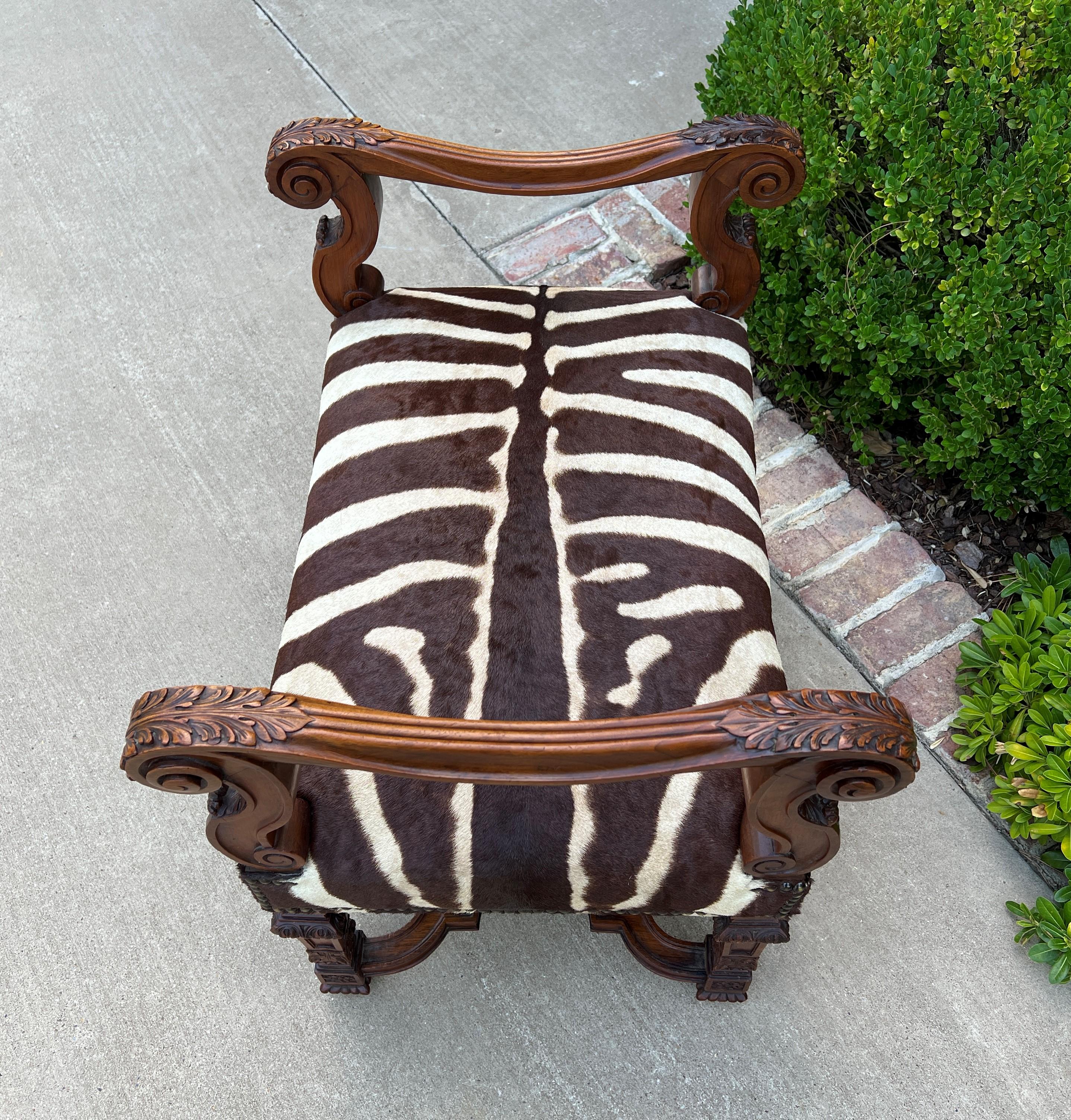 Antique French Bench Chair Settee Renaissance Revival Zebra Hide Walnut 19th C 10