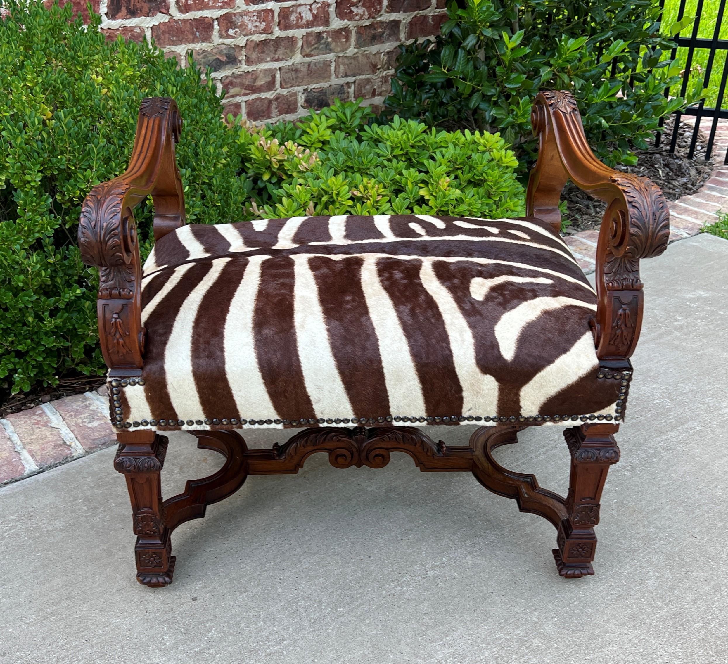 Carved Antique French Bench Chair Settee Renaissance Revival Zebra Hide Walnut 19th C