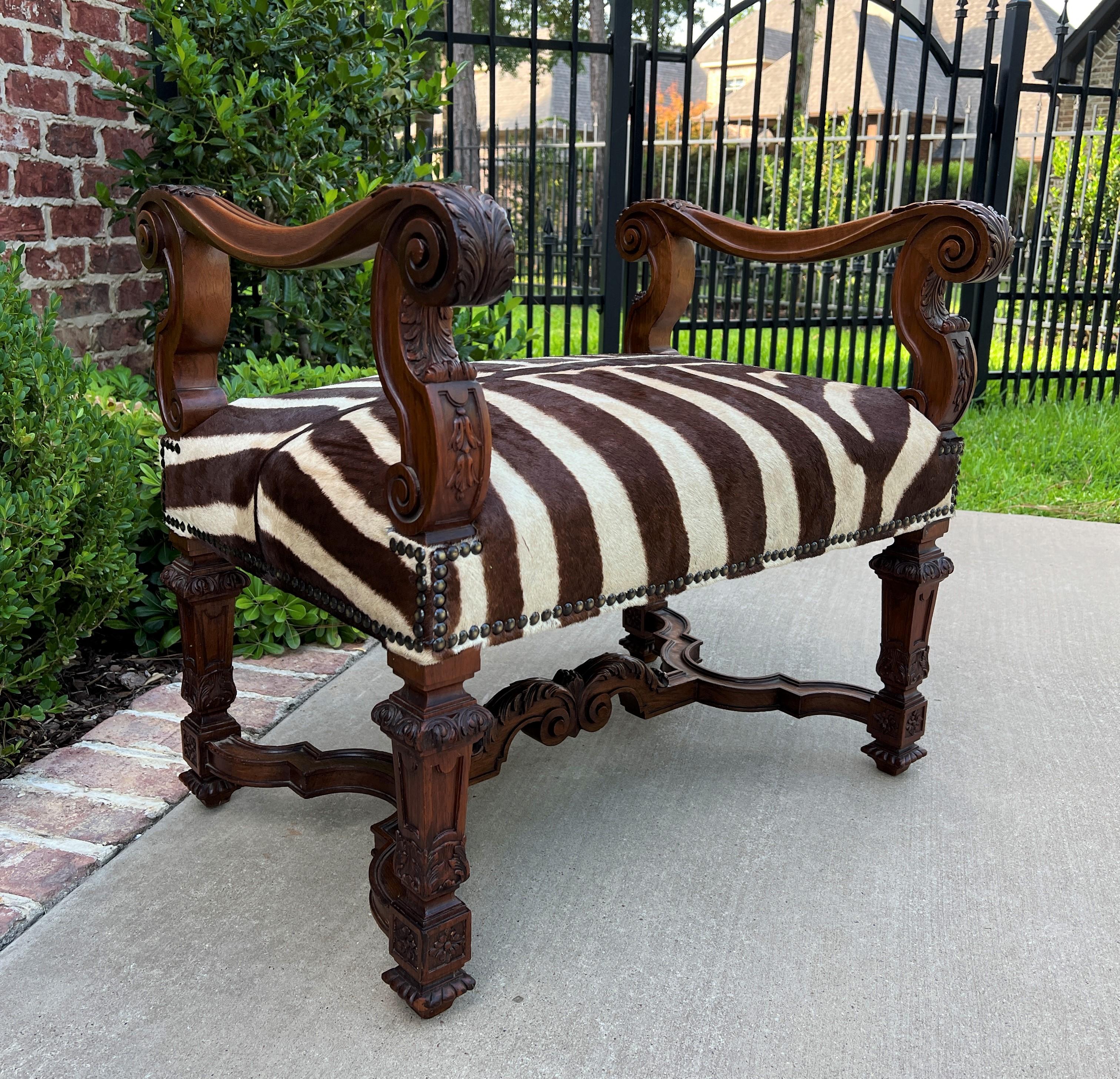 Antique French Bench Chair Settee Renaissance Revival Zebra Hide Walnut 19th C In Good Condition In Tyler, TX