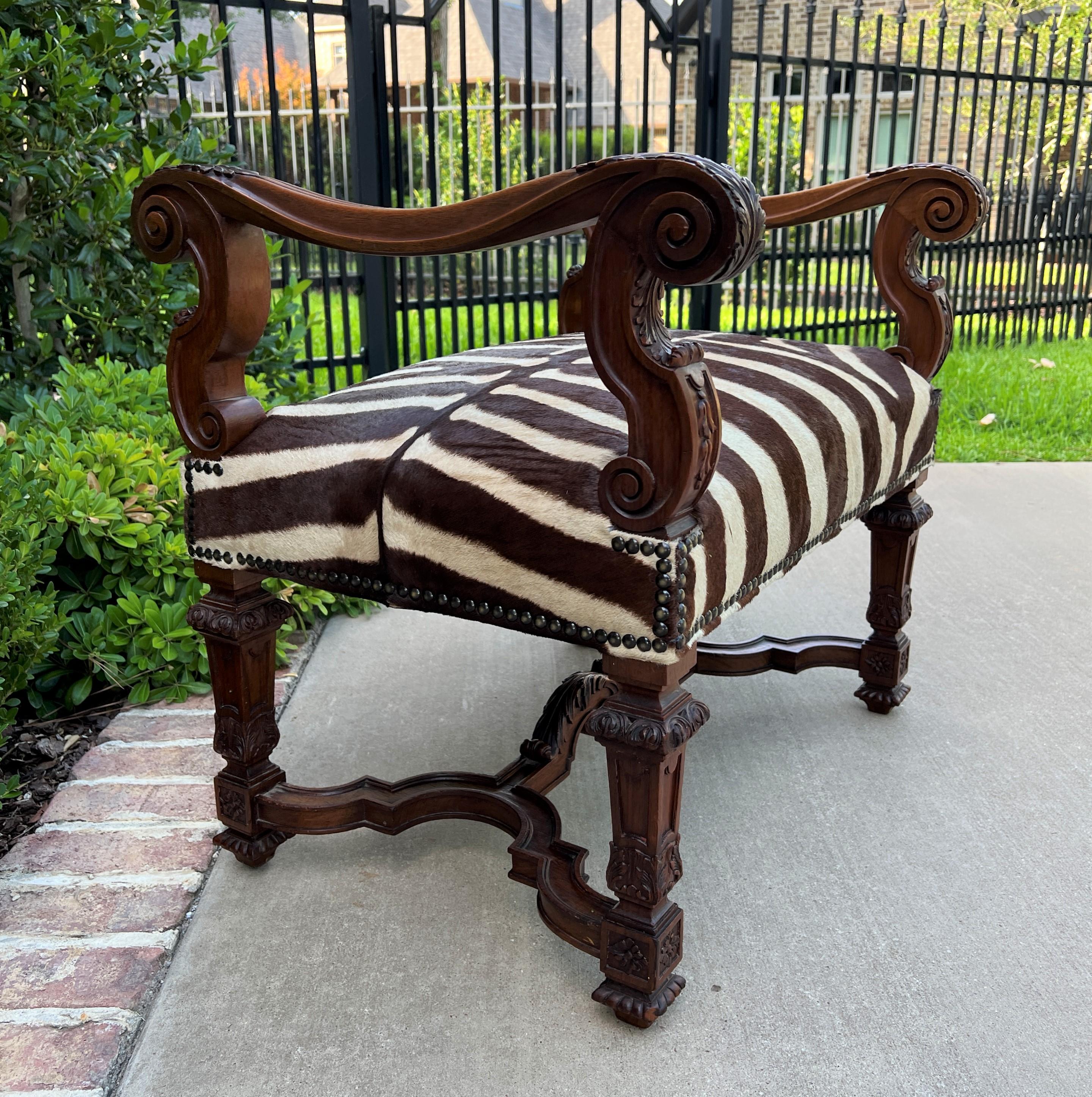 20th Century Antique French Bench Chair Settee Renaissance Revival Zebra Hide Walnut 19th C