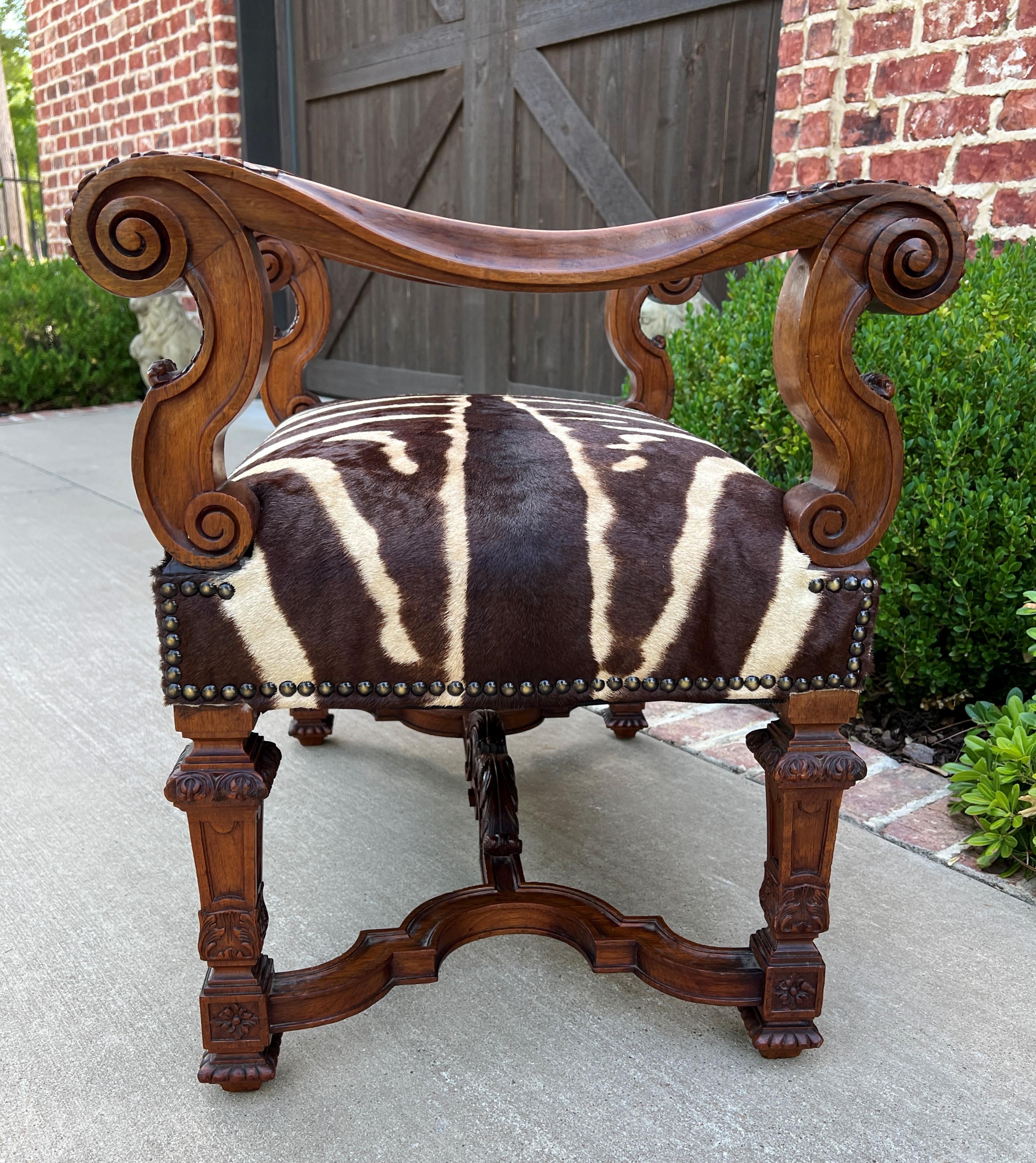 Antique French Bench Chair Settee Renaissance Revival Zebra Hide Walnut 19th C 2