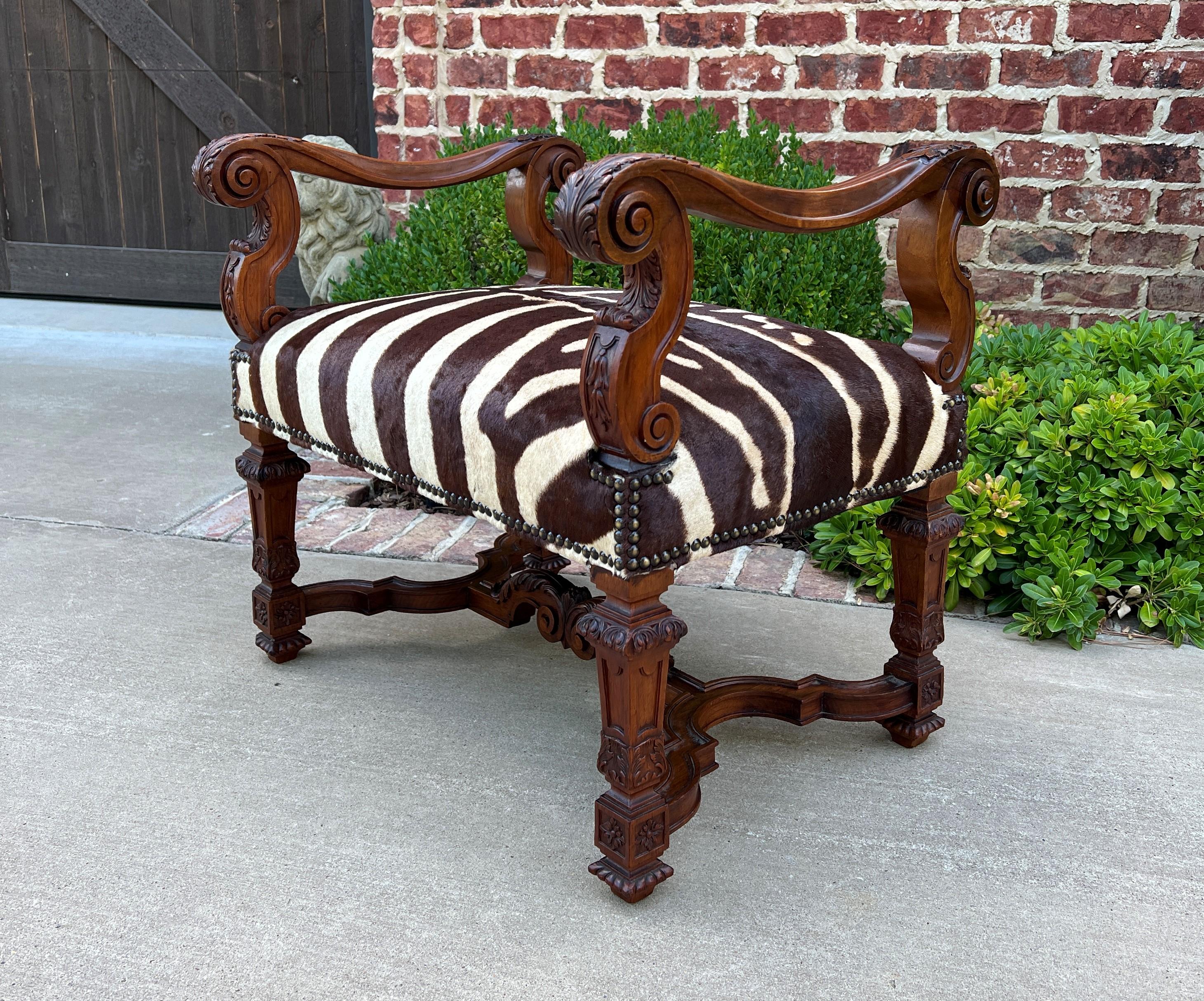 Antique French Bench Chair Settee Renaissance Revival Zebra Hide Walnut 19th C 3