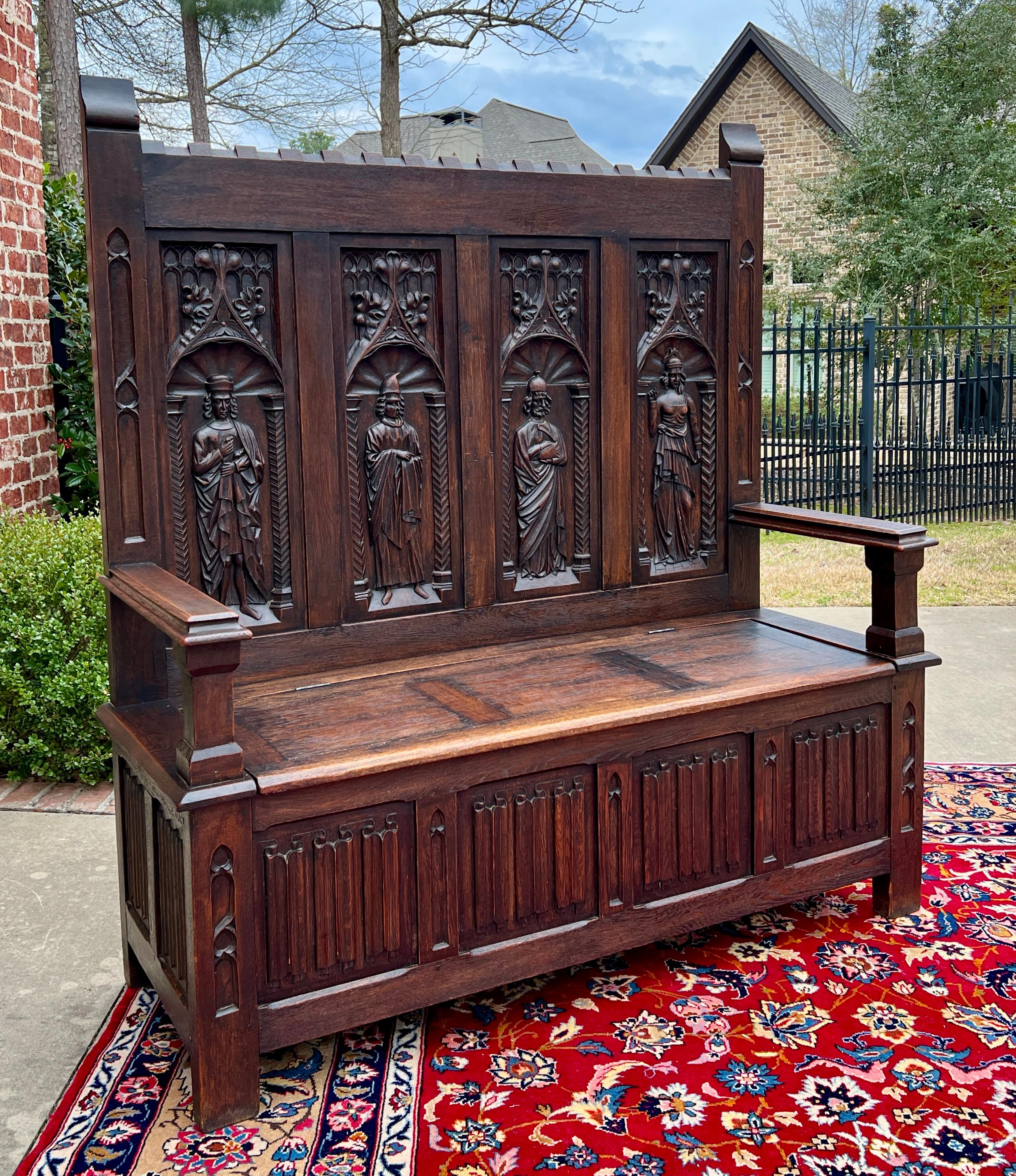 Antique French Bench Settee Gótico Roble Lino Asiento Figural Elevable c. 1900 en venta 5