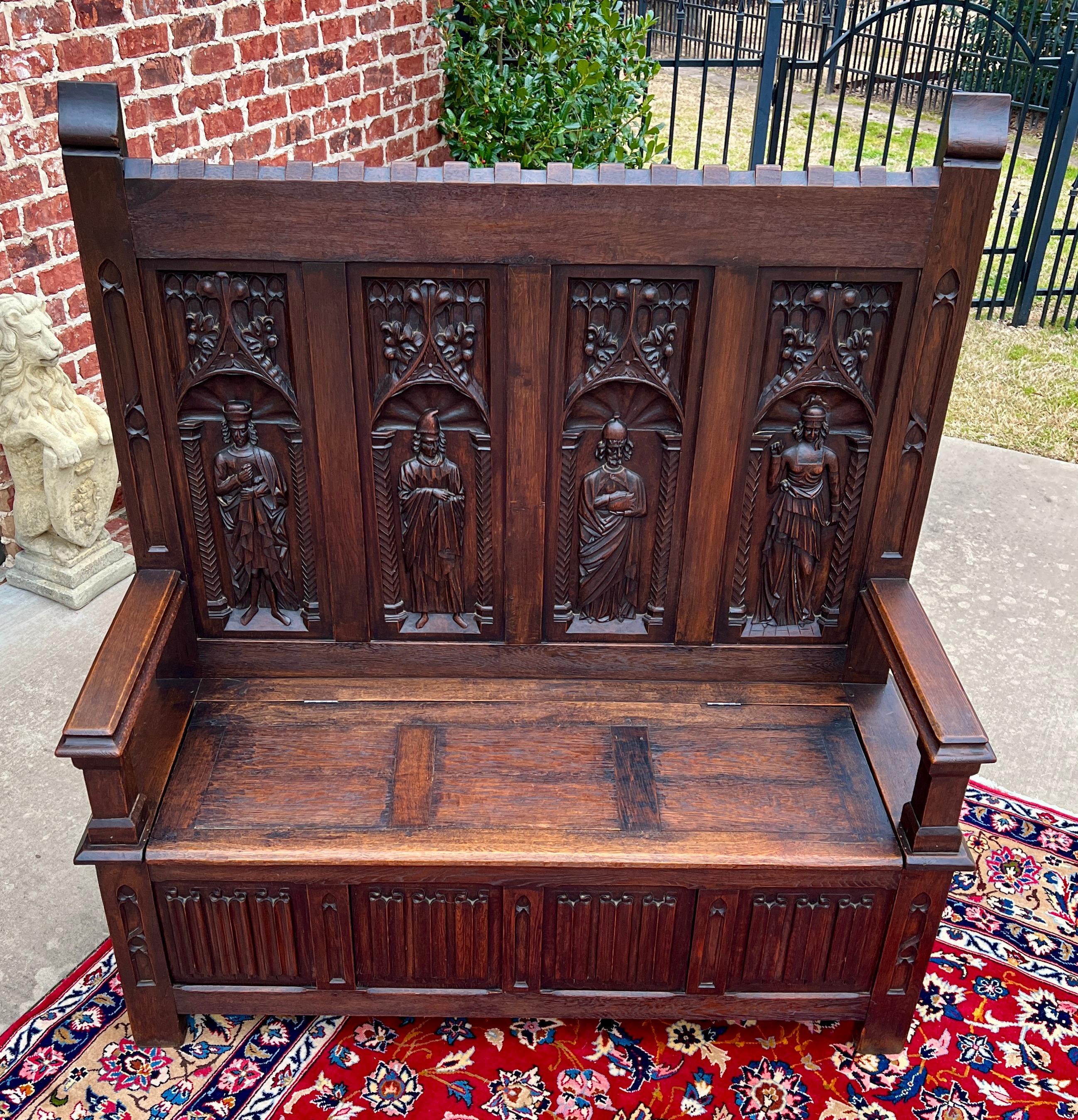 Antique French Bench Settee Gótico Roble Lino Asiento Figural Elevable c. 1900 en venta 6