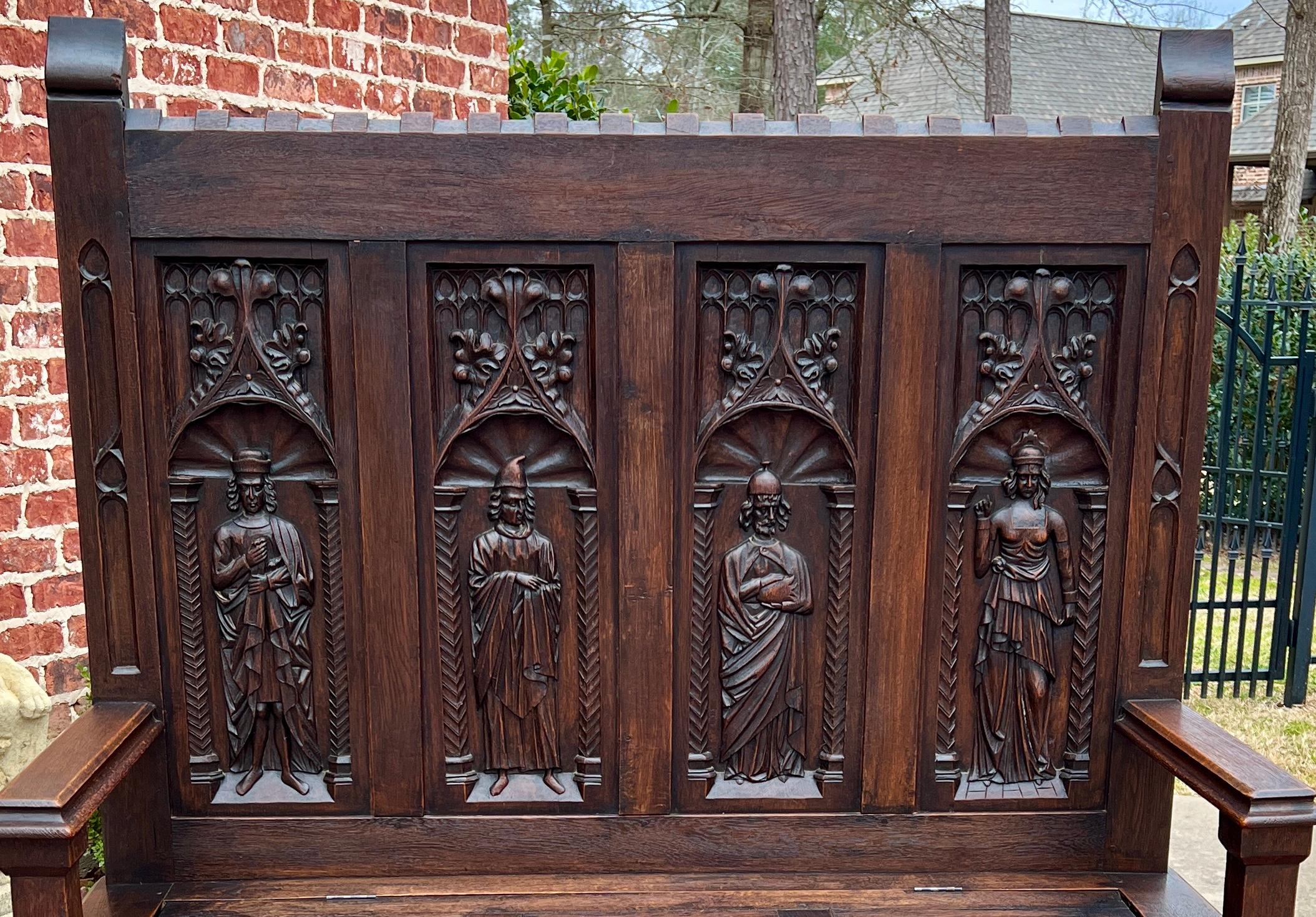 Antique French Bench Settee Gótico Roble Lino Asiento Figural Elevable c. 1900 en venta 7