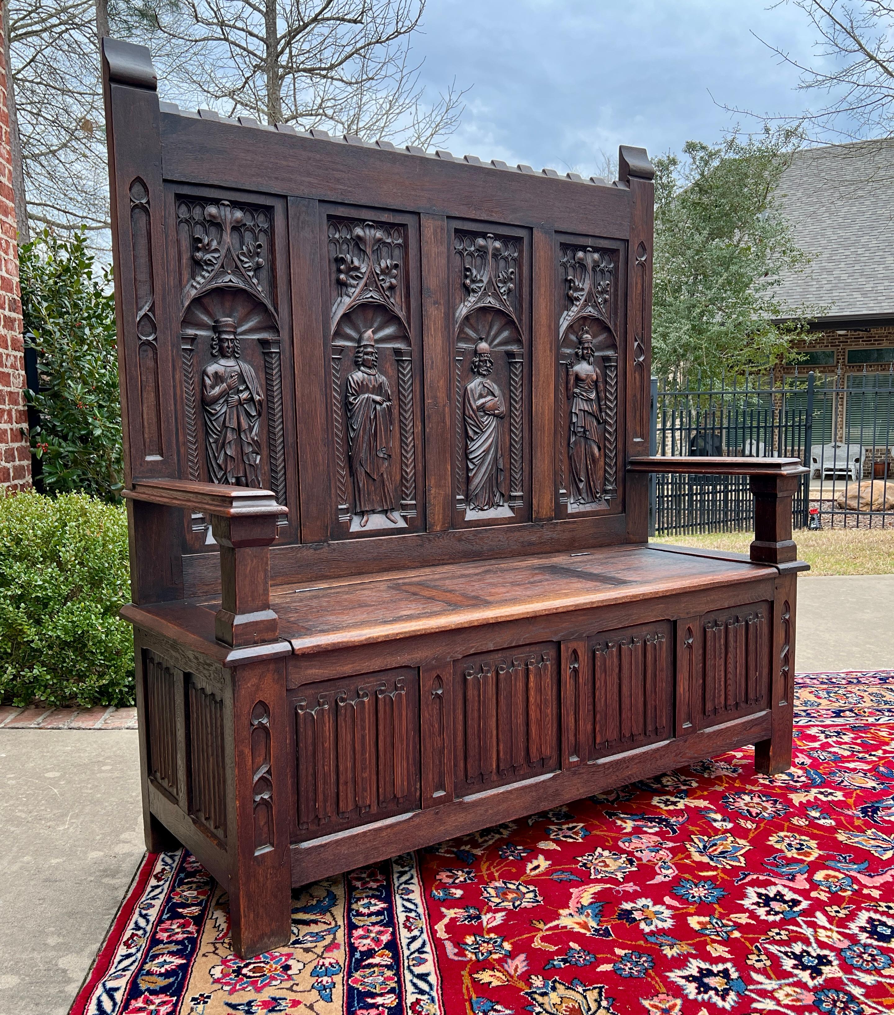Antique French Bench Settee Gótico Roble Lino Asiento Figural Elevable c. 1900 en venta 9