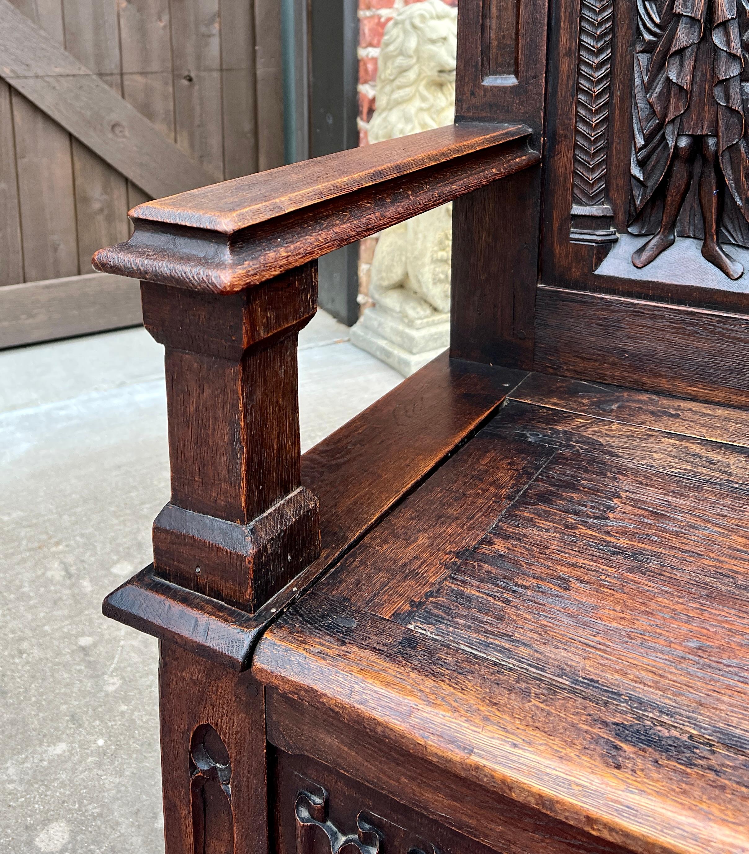 Antique French Bench Settee Gótico Roble Lino Asiento Figural Elevable c. 1900 en venta 11