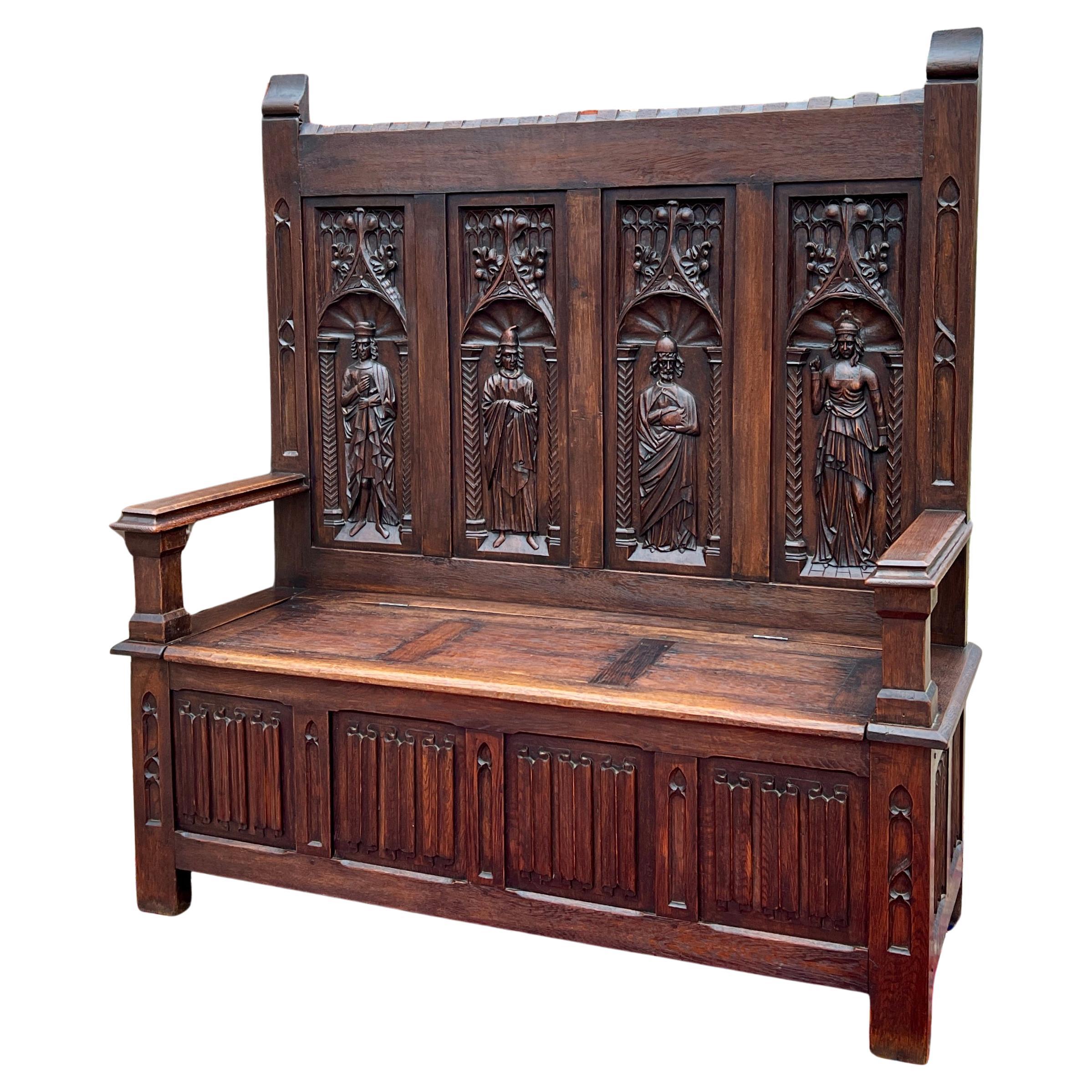 Antique French Bench Settee Gothic Oak Linen Fold Figural Lift Top Seat c. 1900