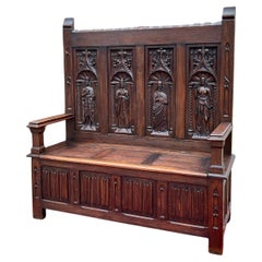 Antique French Bench Settee Gótico Roble Lino Asiento Figural Elevable c. 1900