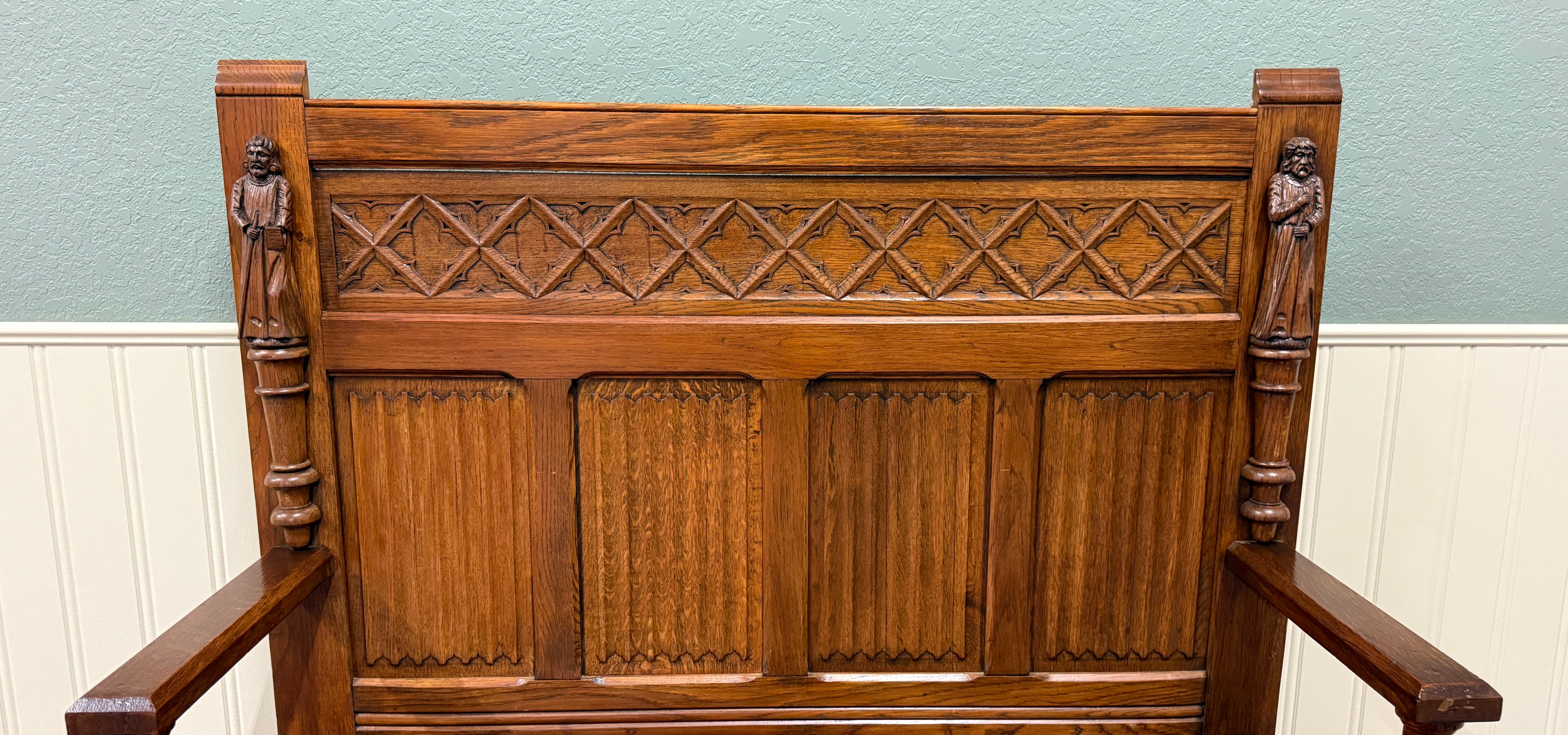 Antike französische Bank-Sessel, gotisch, Eichenholz, Leinen, gefaltete Monken, Lift-Top-Sitz, um 1900 im Angebot 3