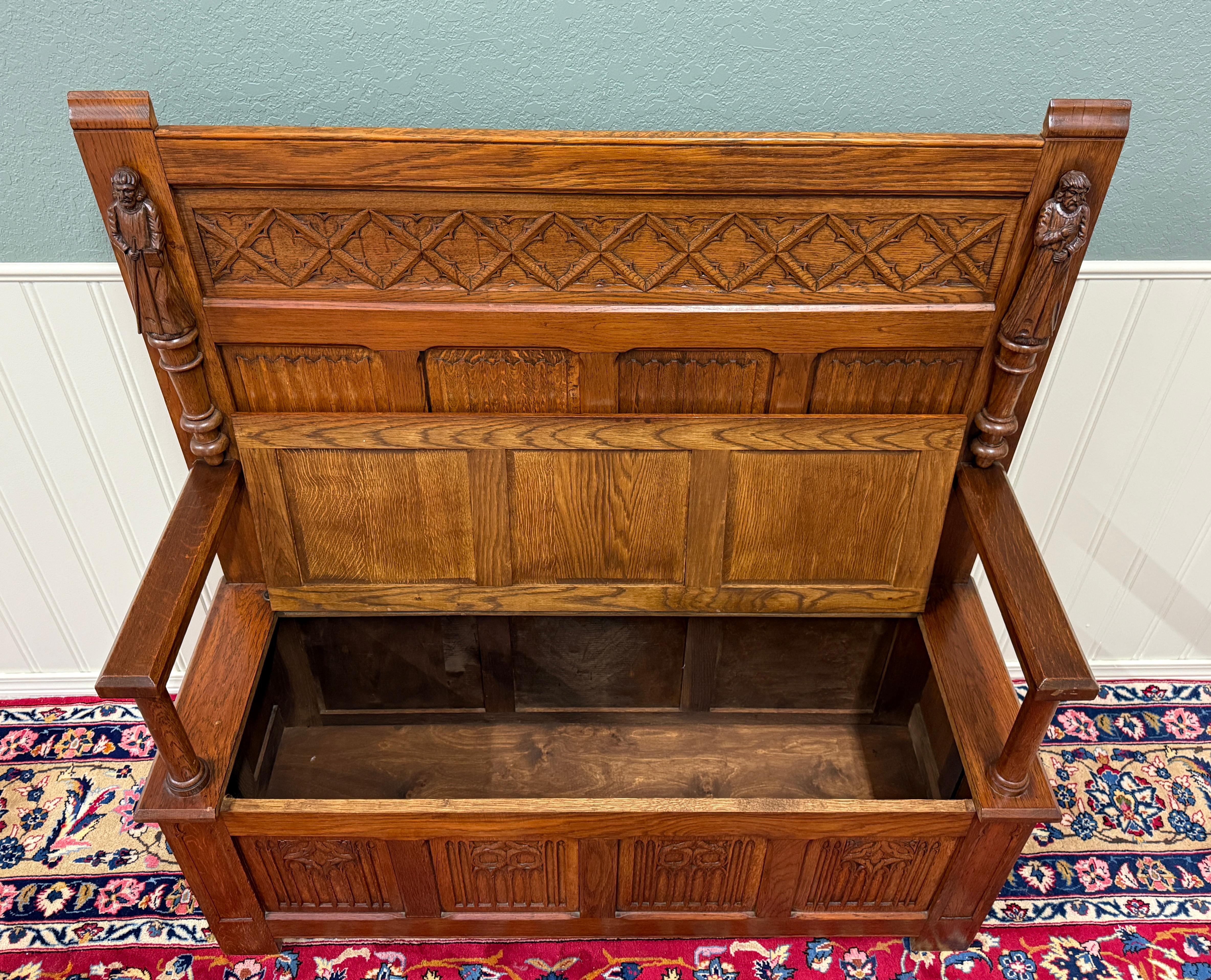 Antike französische Bank-Sessel, gotisch, Eichenholz, Leinen, gefaltete Monken, Lift-Top-Sitz, um 1900 im Angebot 7