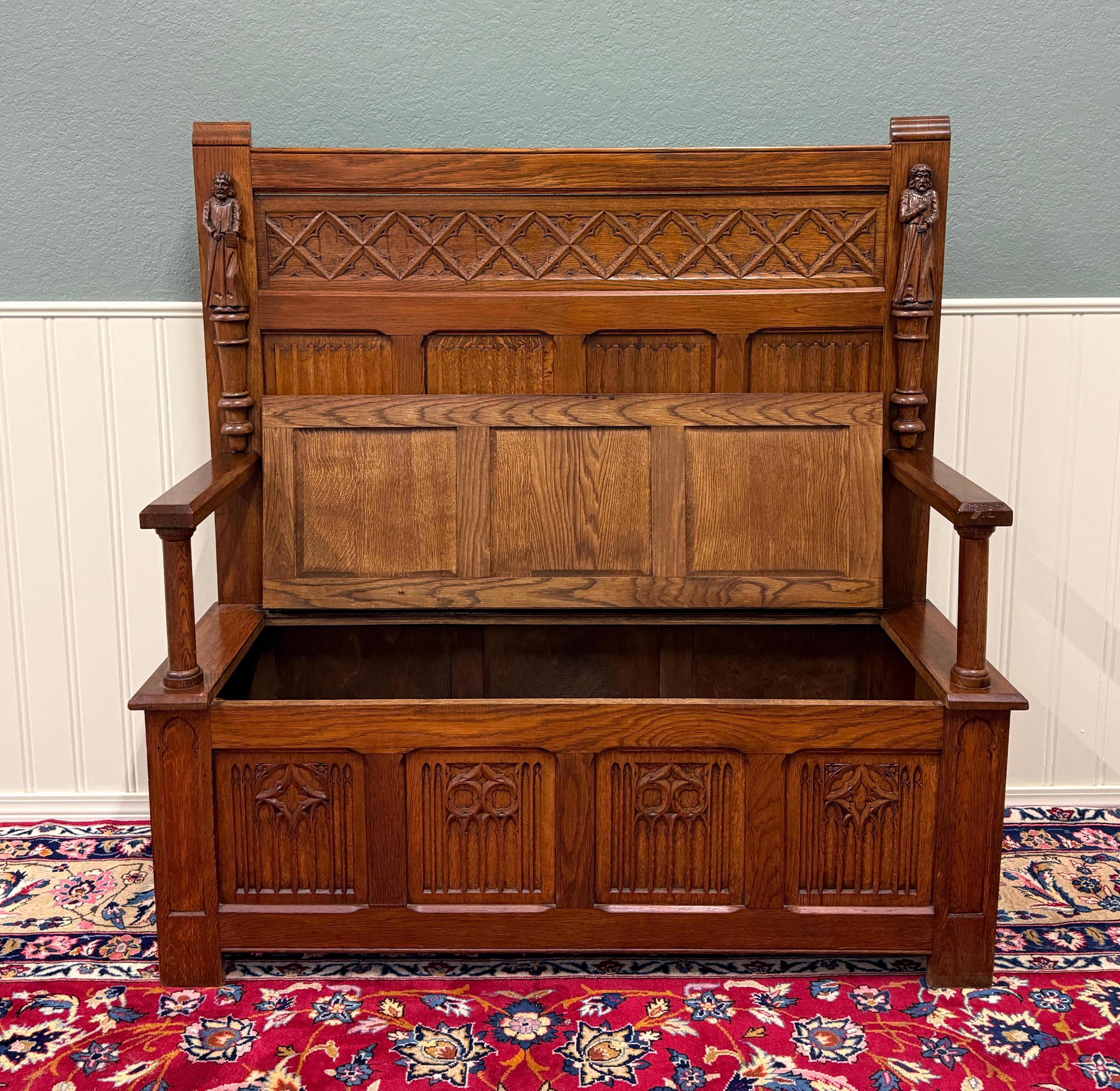 Antike französische Bank-Sessel, gotisch, Eichenholz, Leinen, gefaltete Monken, Lift-Top-Sitz, um 1900 im Angebot 8