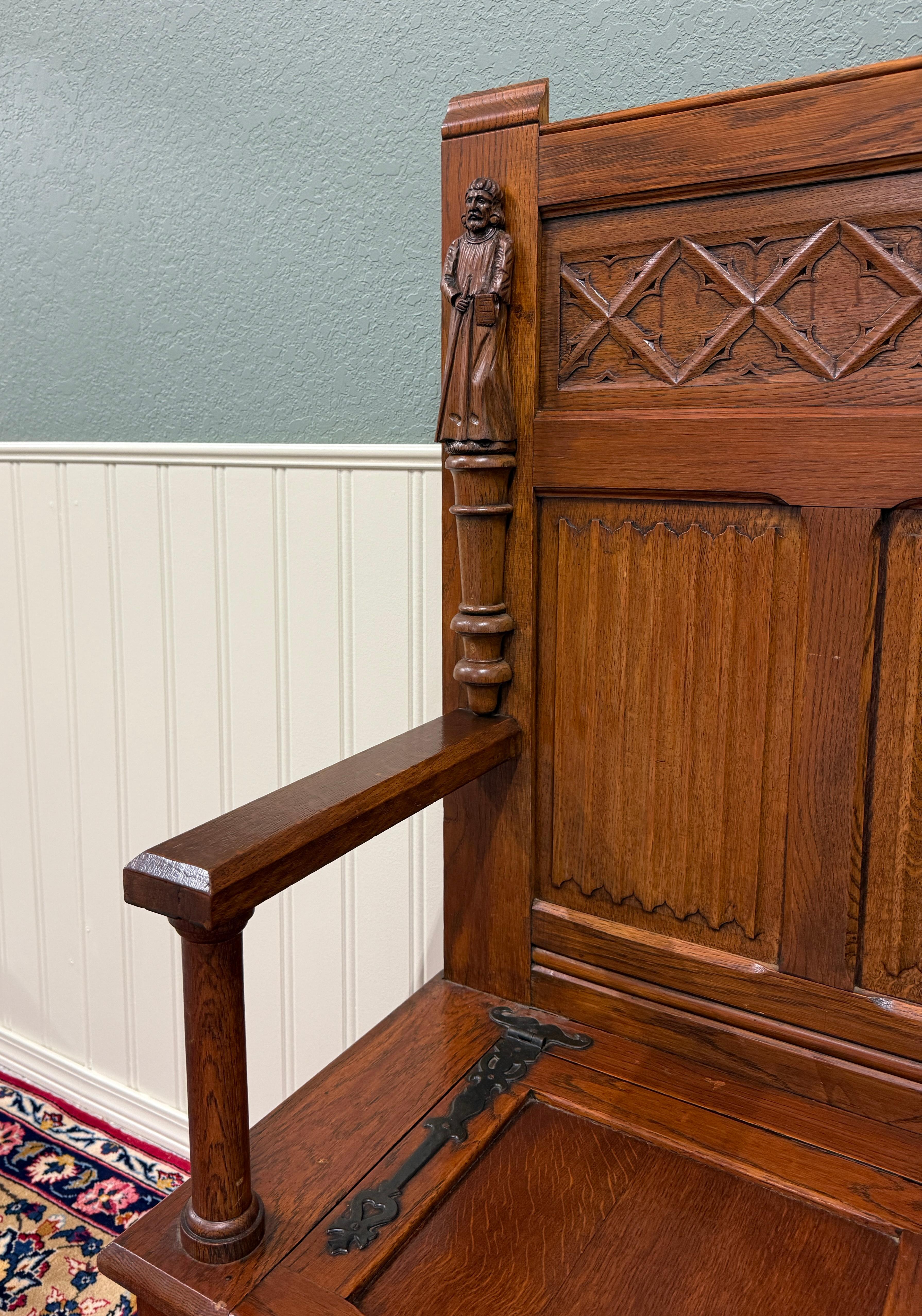 Antike französische Bank-Sessel, gotisch, Eichenholz, Leinen, gefaltete Monken, Lift-Top-Sitz, um 1900 im Angebot 9