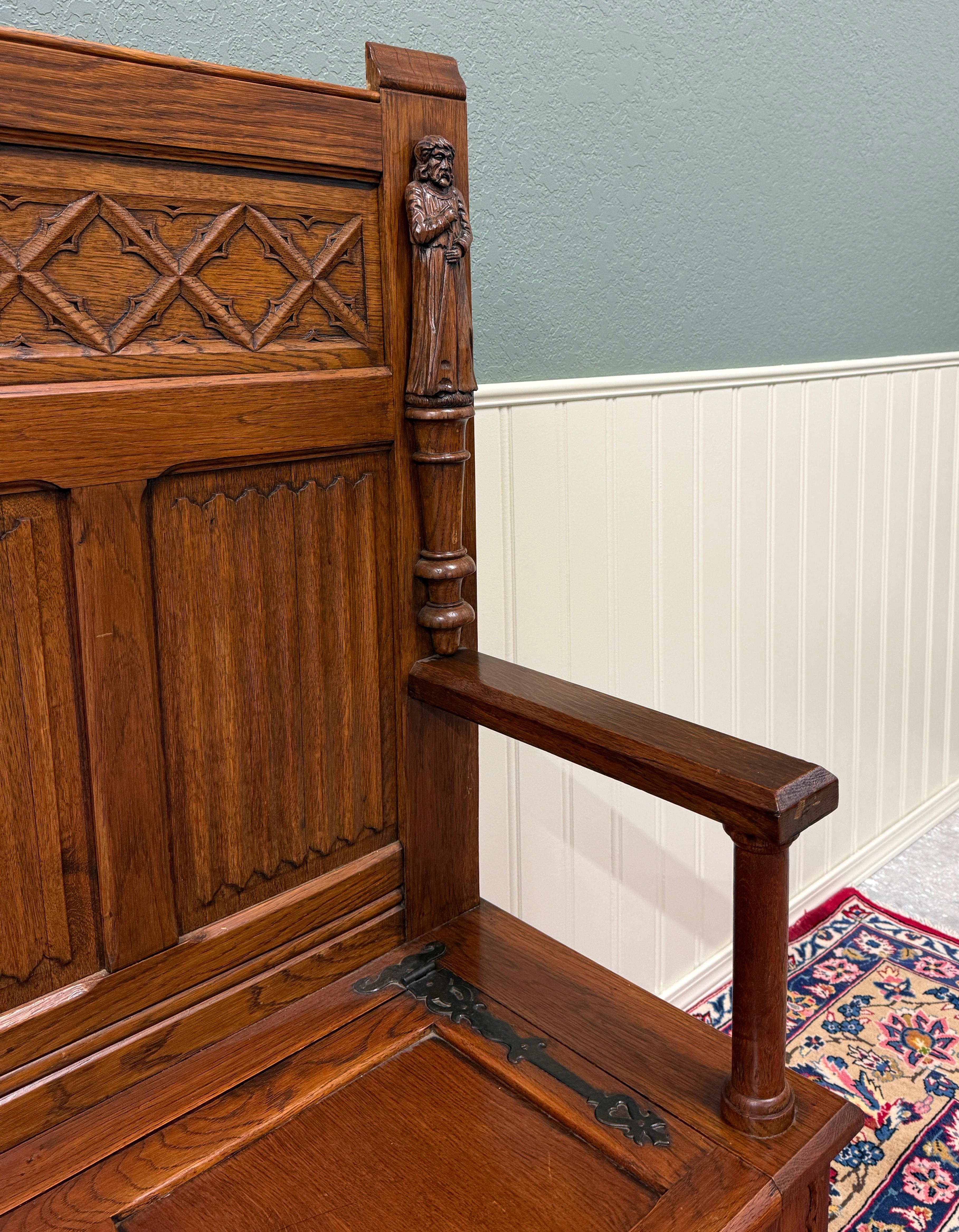 Antike französische Bank-Sessel, gotisch, Eichenholz, Leinen, gefaltete Monken, Lift-Top-Sitz, um 1900 im Angebot 10