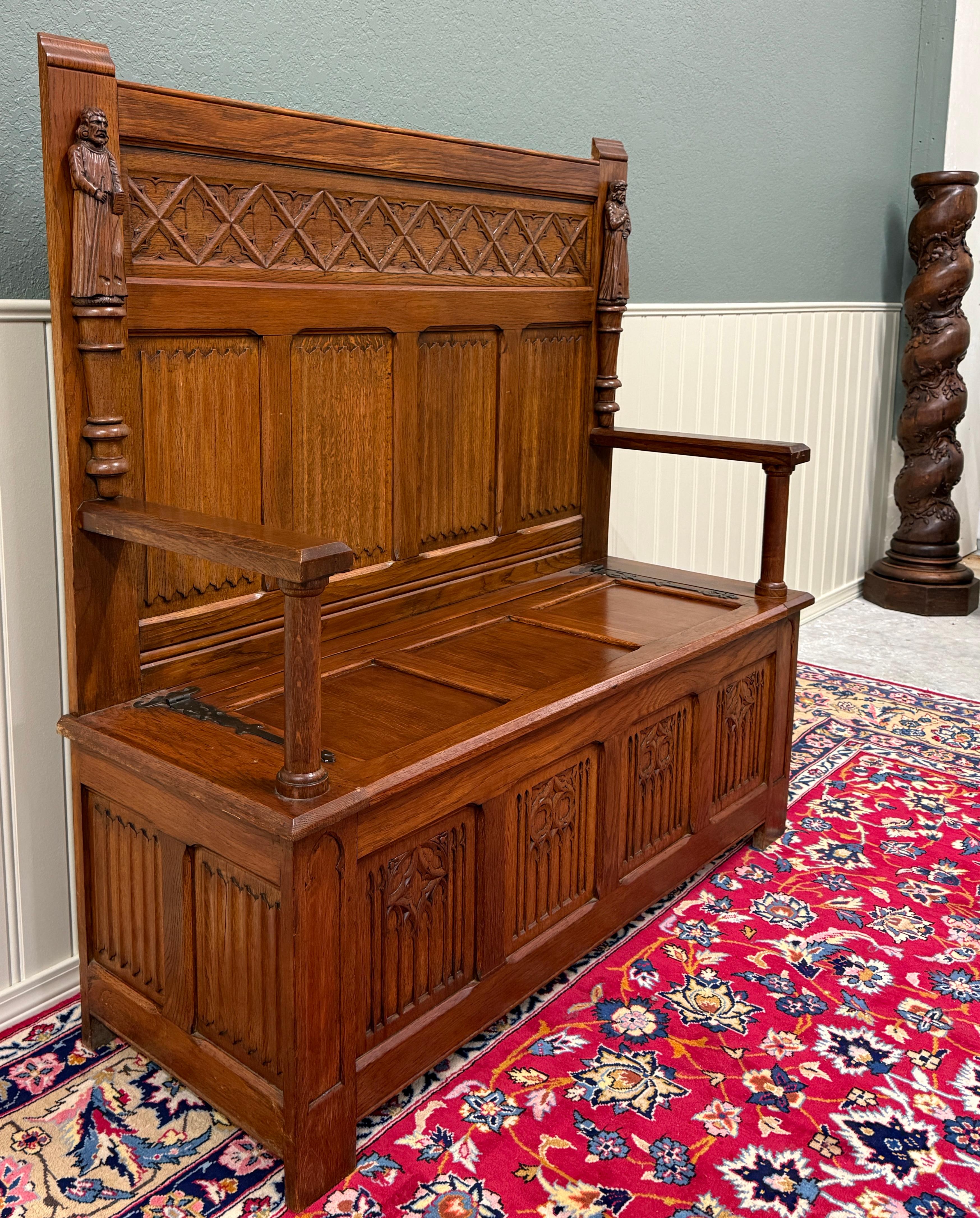 Antike französische Bank-Sessel, gotisch, Eichenholz, Leinen, gefaltete Monken, Lift-Top-Sitz, um 1900 im Angebot 11