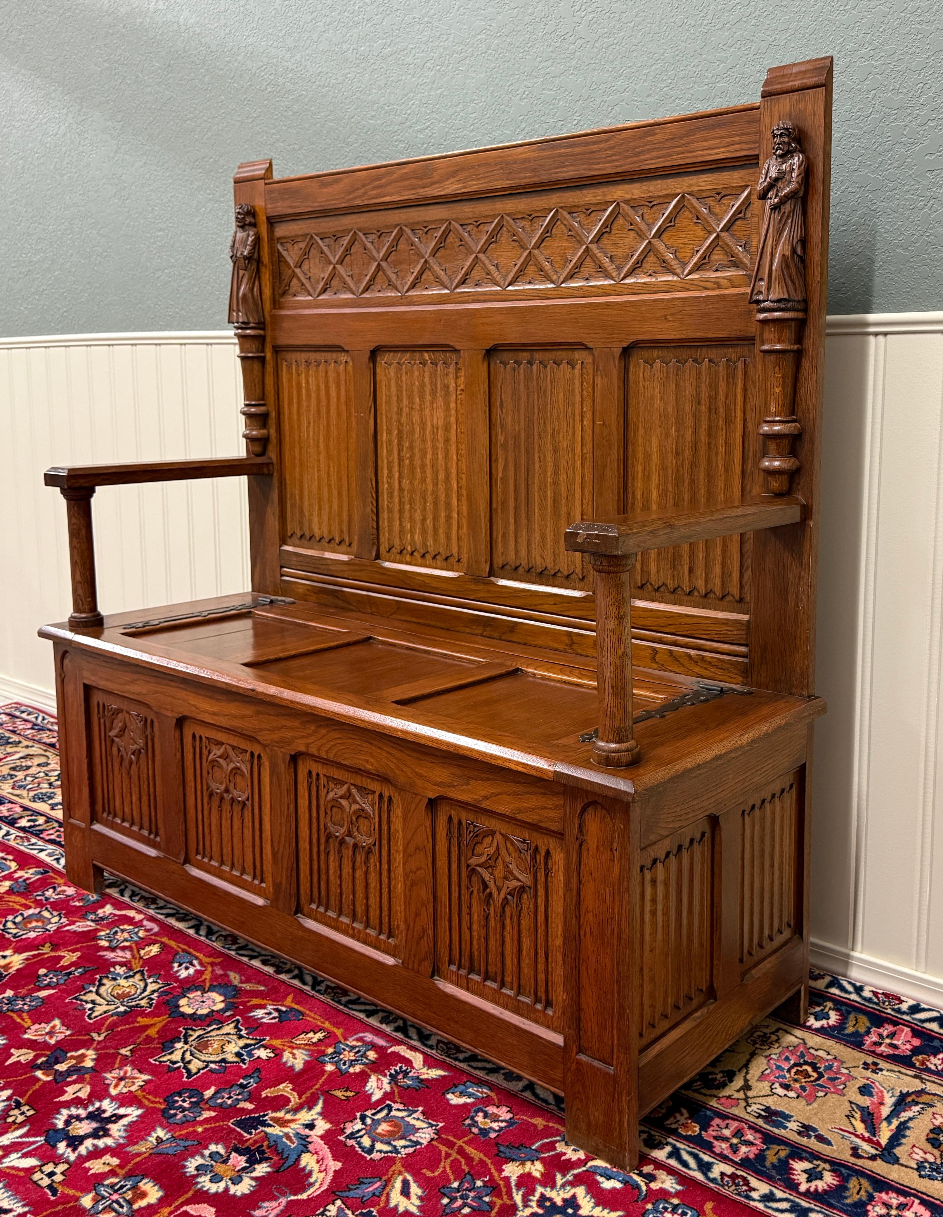 Antike französische Bank-Sessel, gotisch, Eichenholz, Leinen, gefaltete Monken, Lift-Top-Sitz, um 1900 im Angebot 12